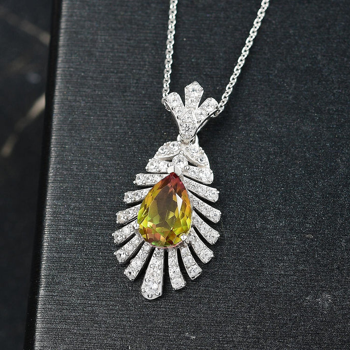 D'joy Rainbow Genesis Quartz &amp; White Zircon Peacock Feather Pendant with Chain (Size 20) in Rhodium Overlay Sterling Silver 3.47 Ct. 4393216 2