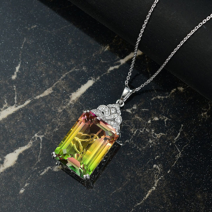 D'joy Rainbow Genesis Quartz &amp; White Zircon Blooming Wings Pendant with Chain (Size 20) in Rhodium Overlay Sterling Silver 16.70 Ct. 4393225 2