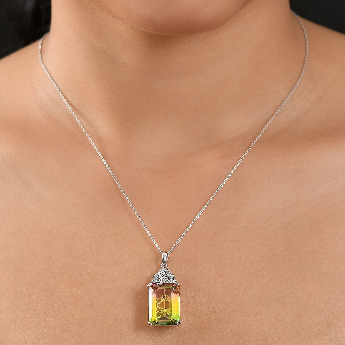 D'joy Rainbow Genesis Quartz &amp; White Zircon Blooming Wings Pendant with Chain (Size 20) in Rhodium Overlay Sterling Silver 16.70 Ct. V32637919 3