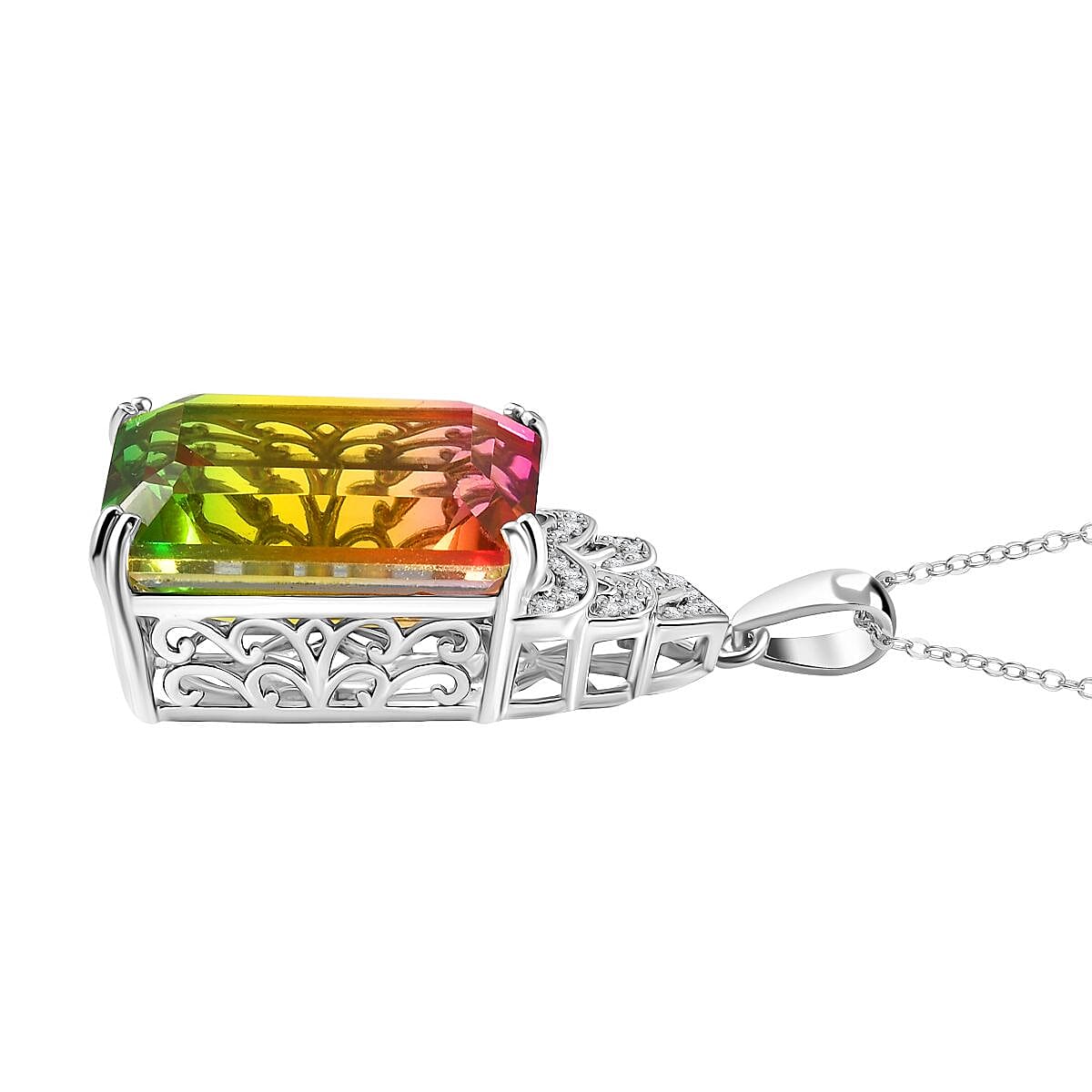 D'joy Rainbow Genesis Quartz &amp; White Zircon Blooming Wings Pendant with Chain (Size 20) in Rhodium Overlay Sterling Silver 16.70 Ct. V32637919 4