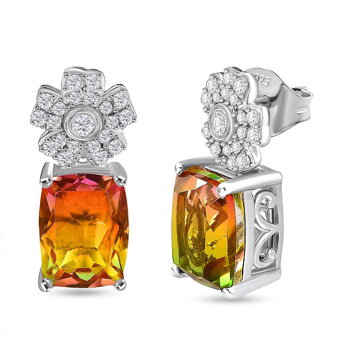 D'joy Rainbow Genesis Quartz, White Zircon Blooming Radiance Stud Push Post Earring in Rhodium Overlay Sterling Silver 5.41 Ct. 8165289 0