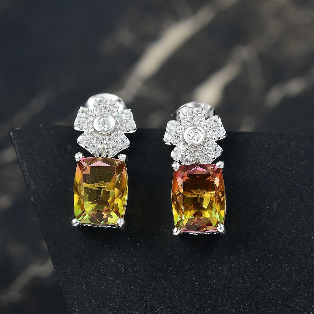 D'joy Rainbow Genesis Quartz & White Zircon Blooming Radiance Stud Push Post Earring in Rhodium Overlay Sterling Silver 5.41 Ct.