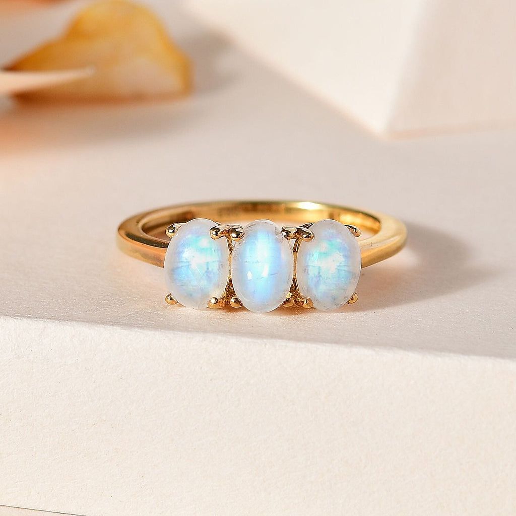 Rainbow Moonstone  3 Stone Ring in Vermeil YG Sterling Silver 2.52 ct  1.449  Ct.