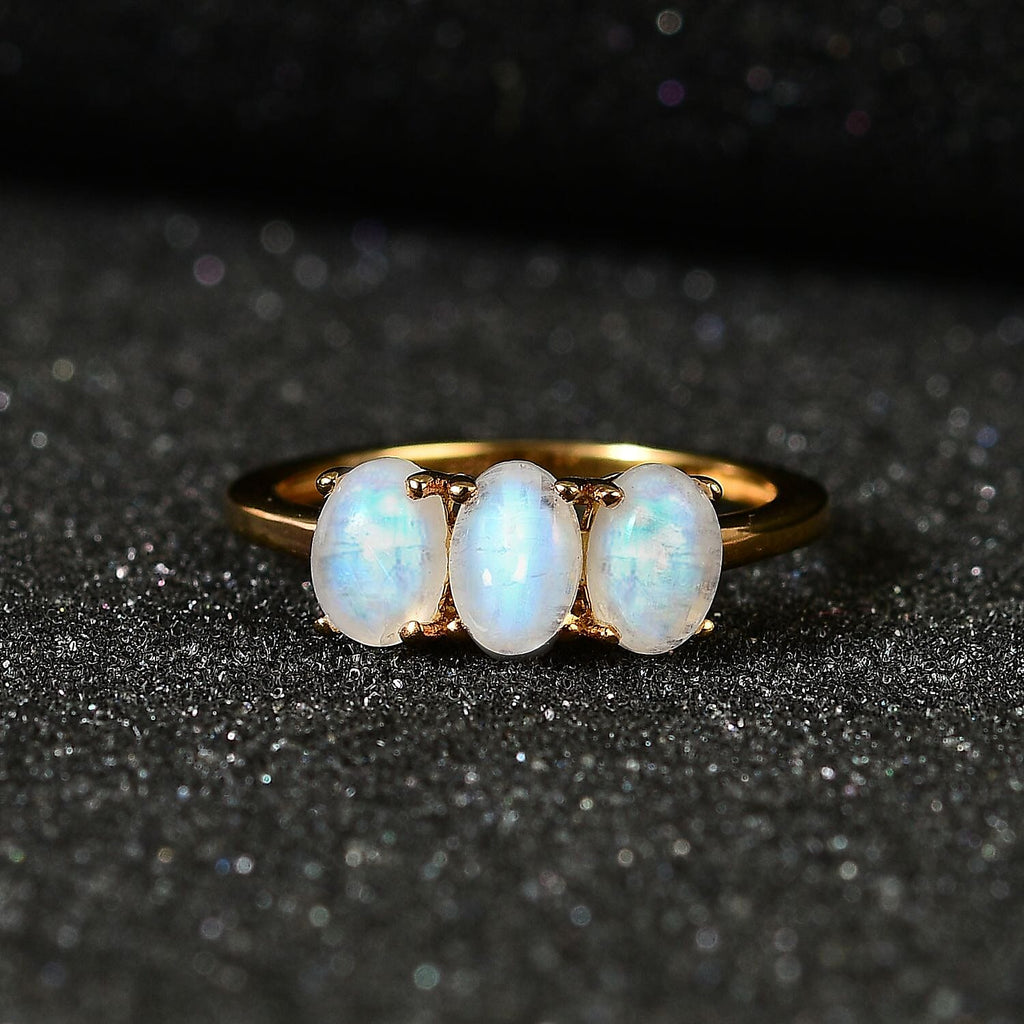 Rainbow Moonstone  3 Stone Ring in Vermeil YG Sterling Silver 2.52 ct  1.449  Ct.