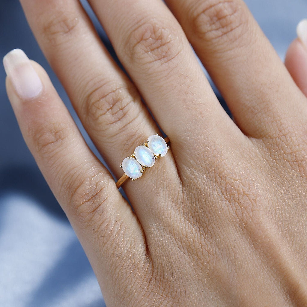 Rainbow Moonstone  3 Stone Ring in Vermeil YG Sterling Silver 2.52 ct  1.449  Ct.