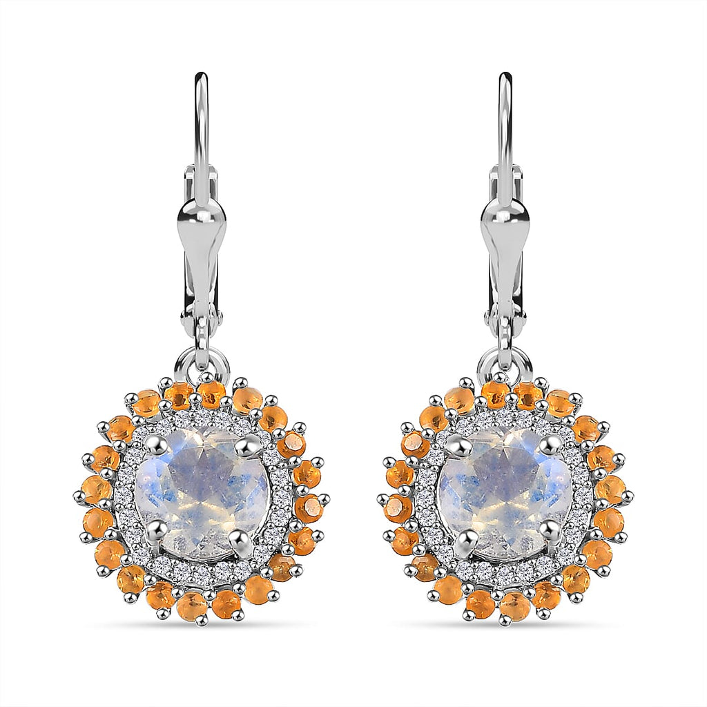 Moon Glow Moonstone,  Fire Opal ,  White Zircon  Solitaire Lever Back Earring in Rhodium Overlay Sterling Silver 3.57 ct  3.276  Ct.