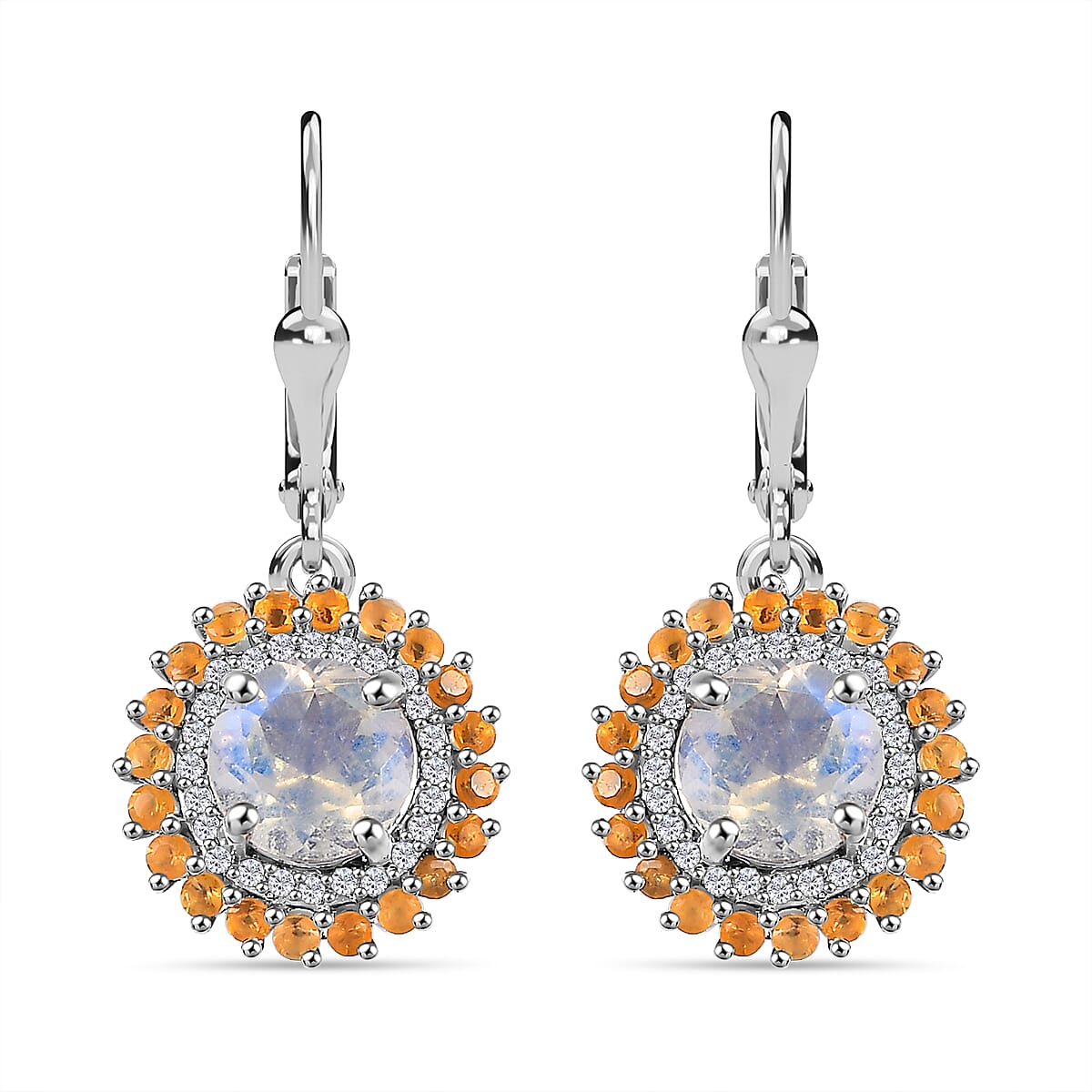 Rainbow Moonstone, Fire Opal, White Zircon Double Halo Lever Back Earrings in Rhodium Overlay Sterling Silver 3.276  Ct. 7784867 0