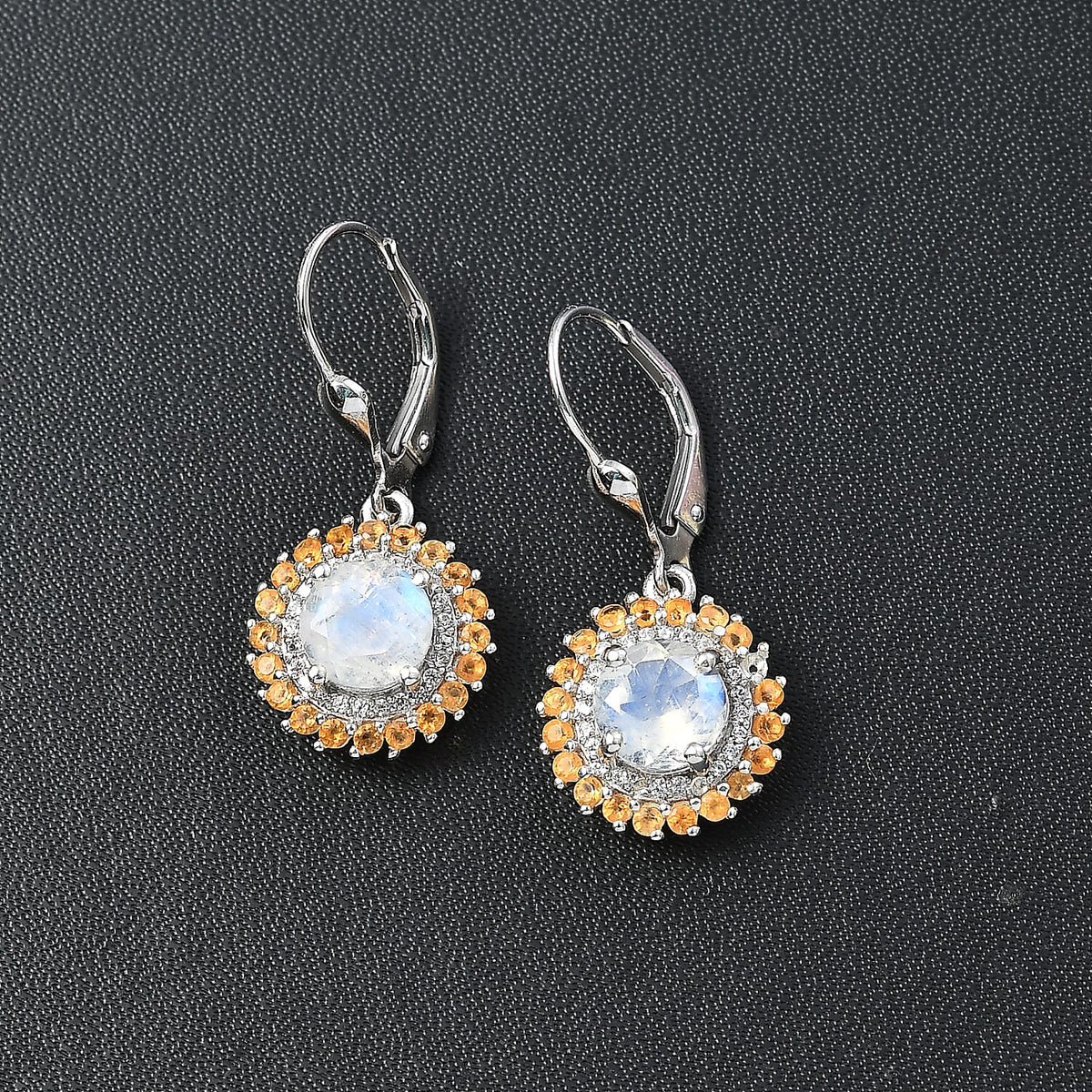 Rainbow Moonstone, Fire Opal, White Zircon Double Halo Lever Back Earrings in Rhodium Overlay Sterling Silver 3.276  Ct. 7784867 2