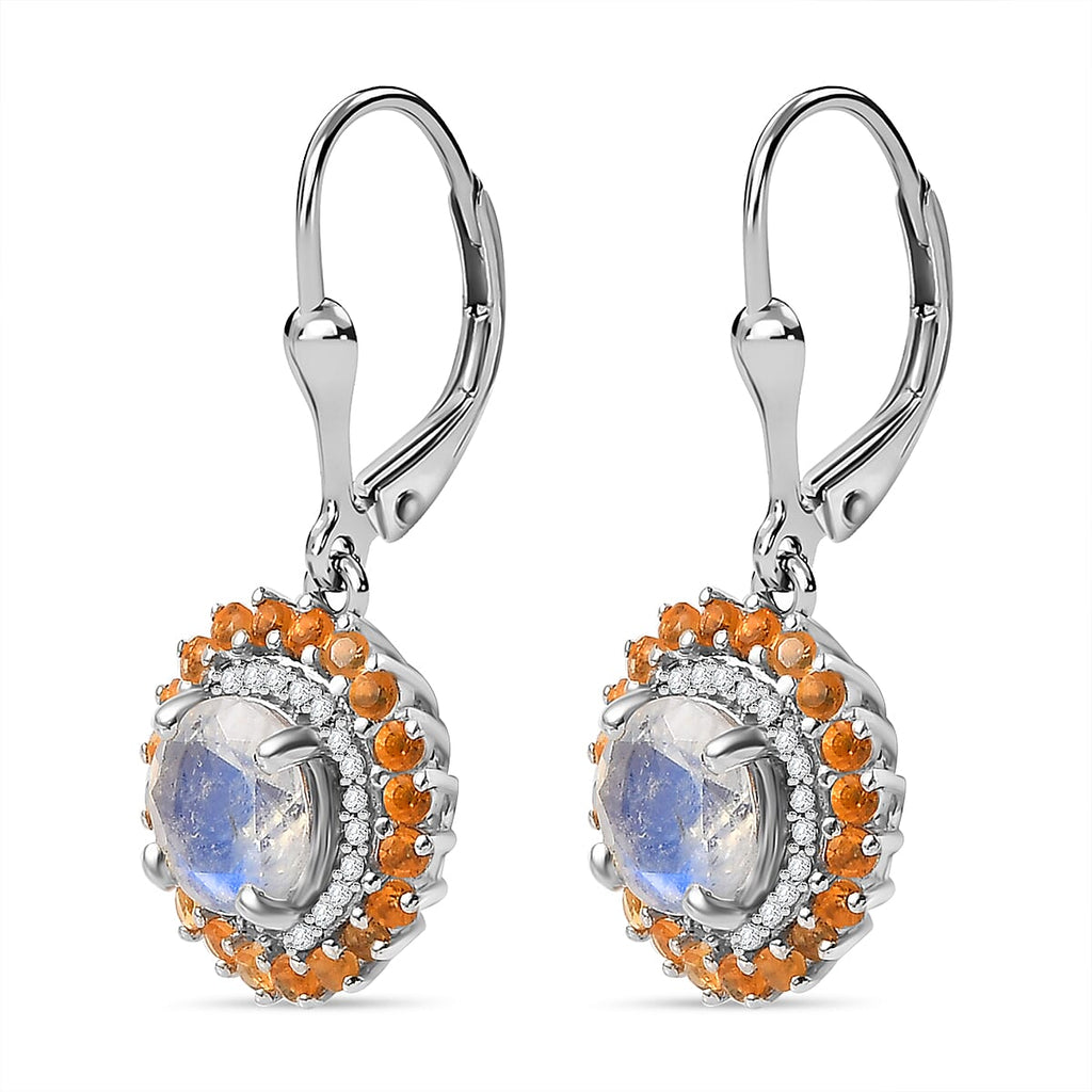 Moon Glow Moonstone,  Fire Opal ,  White Zircon  Solitaire Lever Back Earring in Rhodium Overlay Sterling Silver 3.57 ct  3.276  Ct.