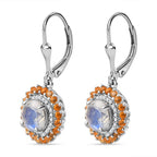 Moon Glow Moonstone,  Fire Opal ,  White Zircon  Solitaire Lever Back Earring in Rhodium Overlay Sterling Silver 3.57 ct  3.276  Ct.