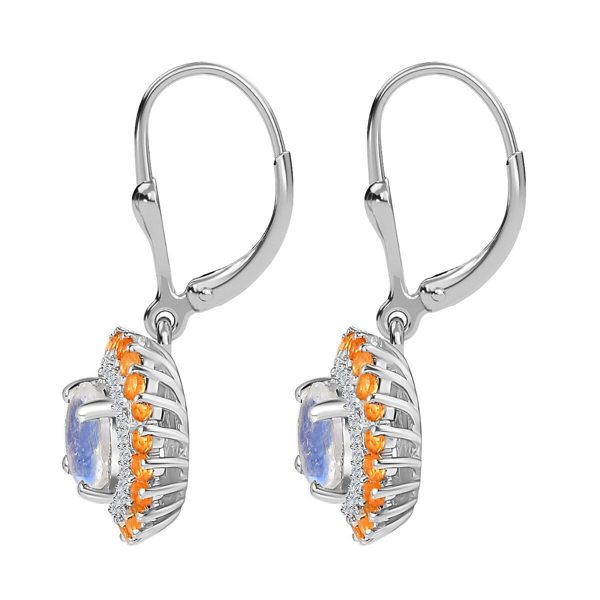 Rainbow Moonstone, Fire Opal, White Zircon Double Halo Lever Back Earrings in Rhodium Overlay Sterling Silver 3.276  Ct. 7784867 5