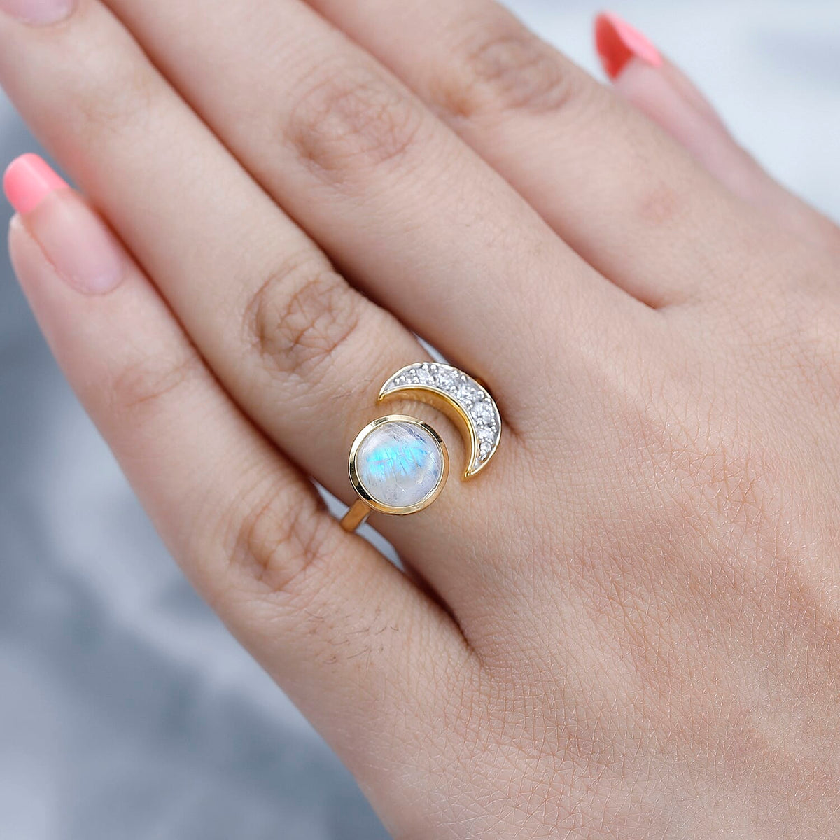 Rainbow Moonstone &amp; Moissanite Ring in 18K Yellow Gold Vermeil Plated Sterling Silver, 2.70 Ct. 7618149 3