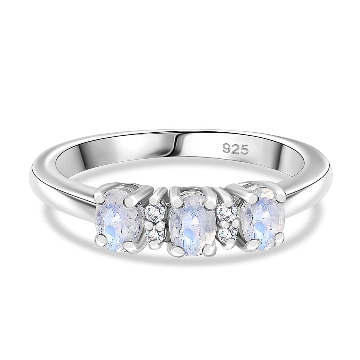 Rainbow Moonstone &amp; White Zircon Trilogy Ring in Platinum Overlay Sterling Silver 8134324 0