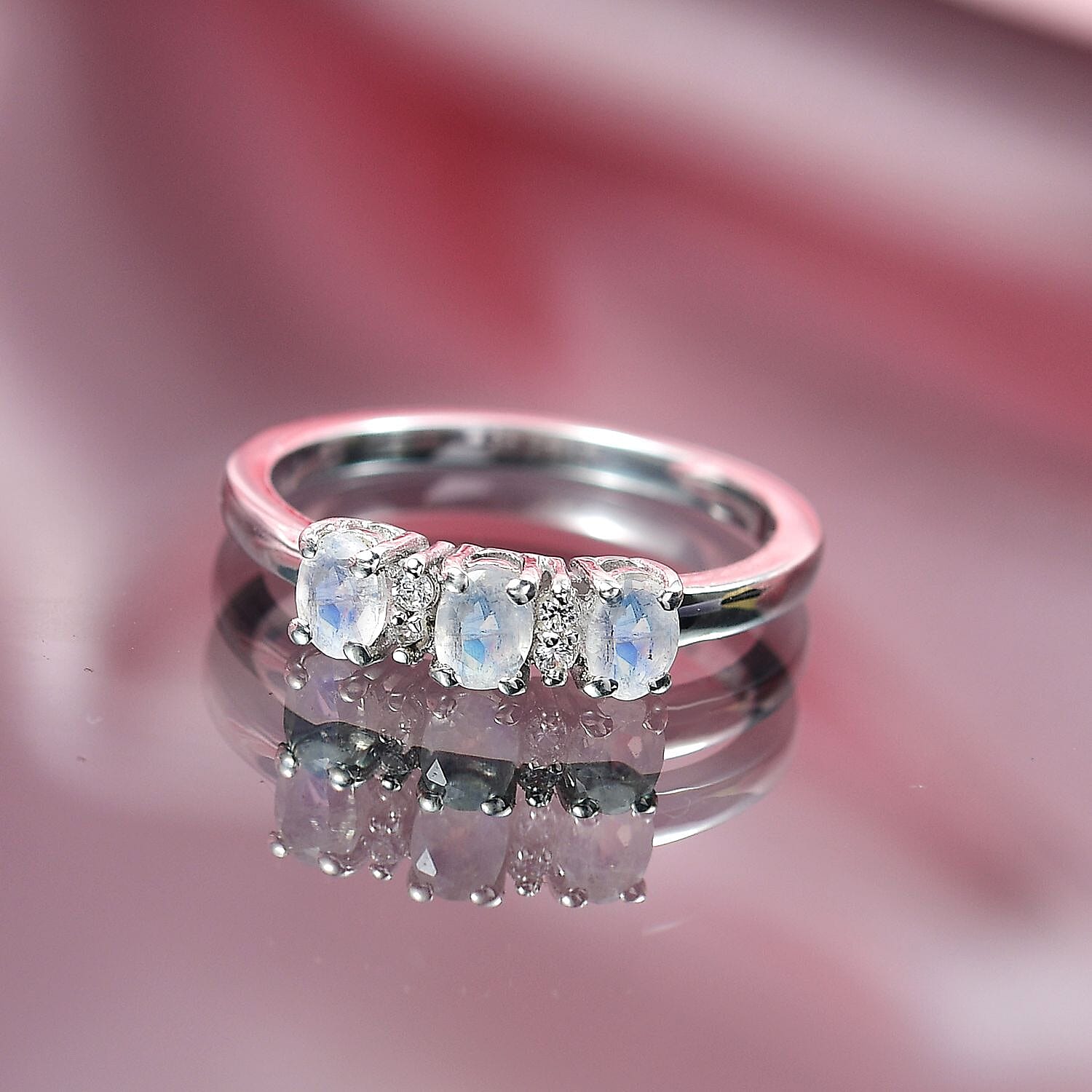 Rainbow Moonstone &amp; White Zircon Trilogy Ring in Platinum Overlay Sterling Silver 8134324 2