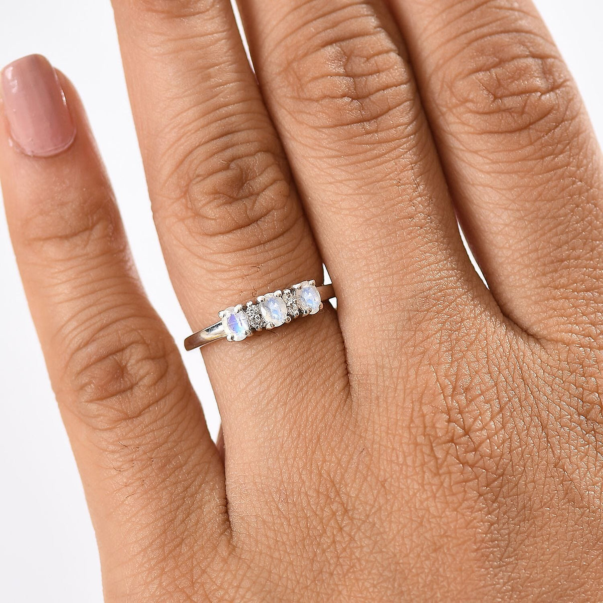 Rainbow Moonstone &amp; White Zircon Trilogy Ring in Platinum Overlay Sterling Silver 8134324 3