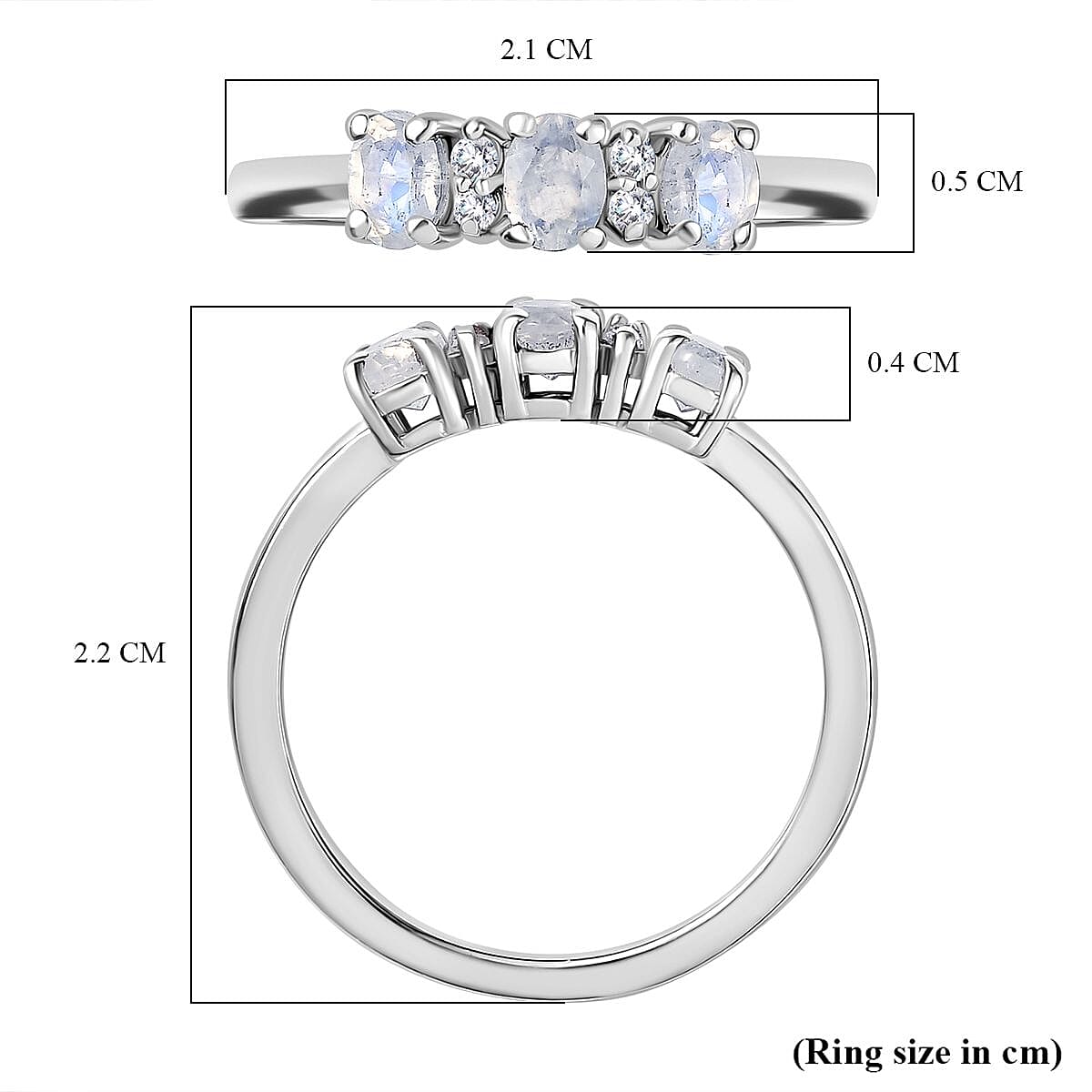 Rainbow Moonstone &amp; White Zircon Trilogy Ring in Platinum Overlay Sterling Silver 8134324 6
