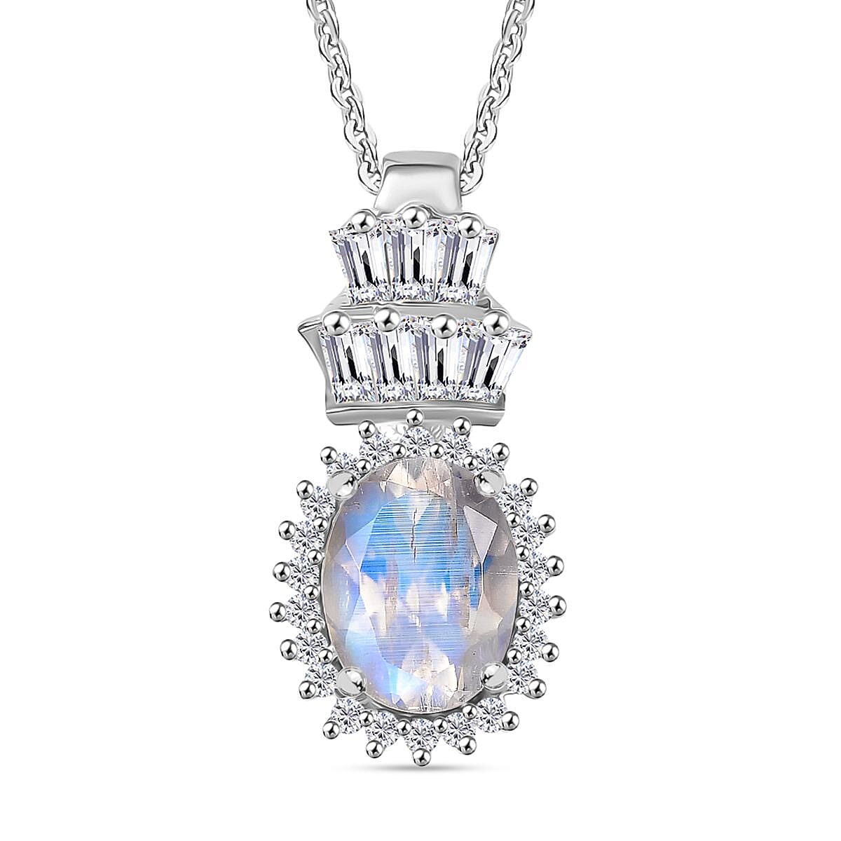 Rainbow Moonstone &amp; White Zircon Pendant with Chain (Size 20) in Rhodium Overlay Sterling Silver 1.75 Ct. 4396929 0