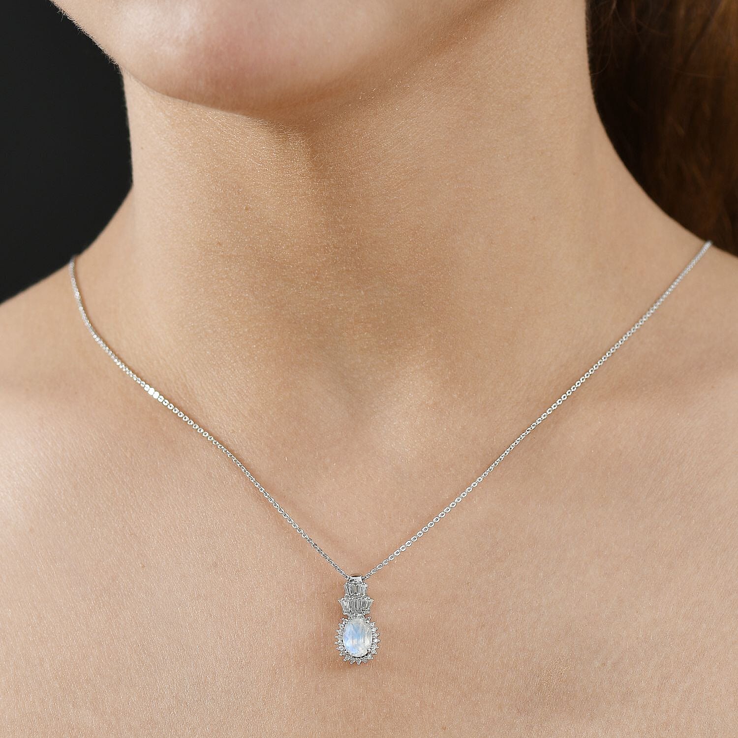 Rainbow Moonstone &amp; White Zircon Pendant with Chain (Size 20) in Rhodium Overlay Sterling Silver 1.75 Ct. 4396929 2
