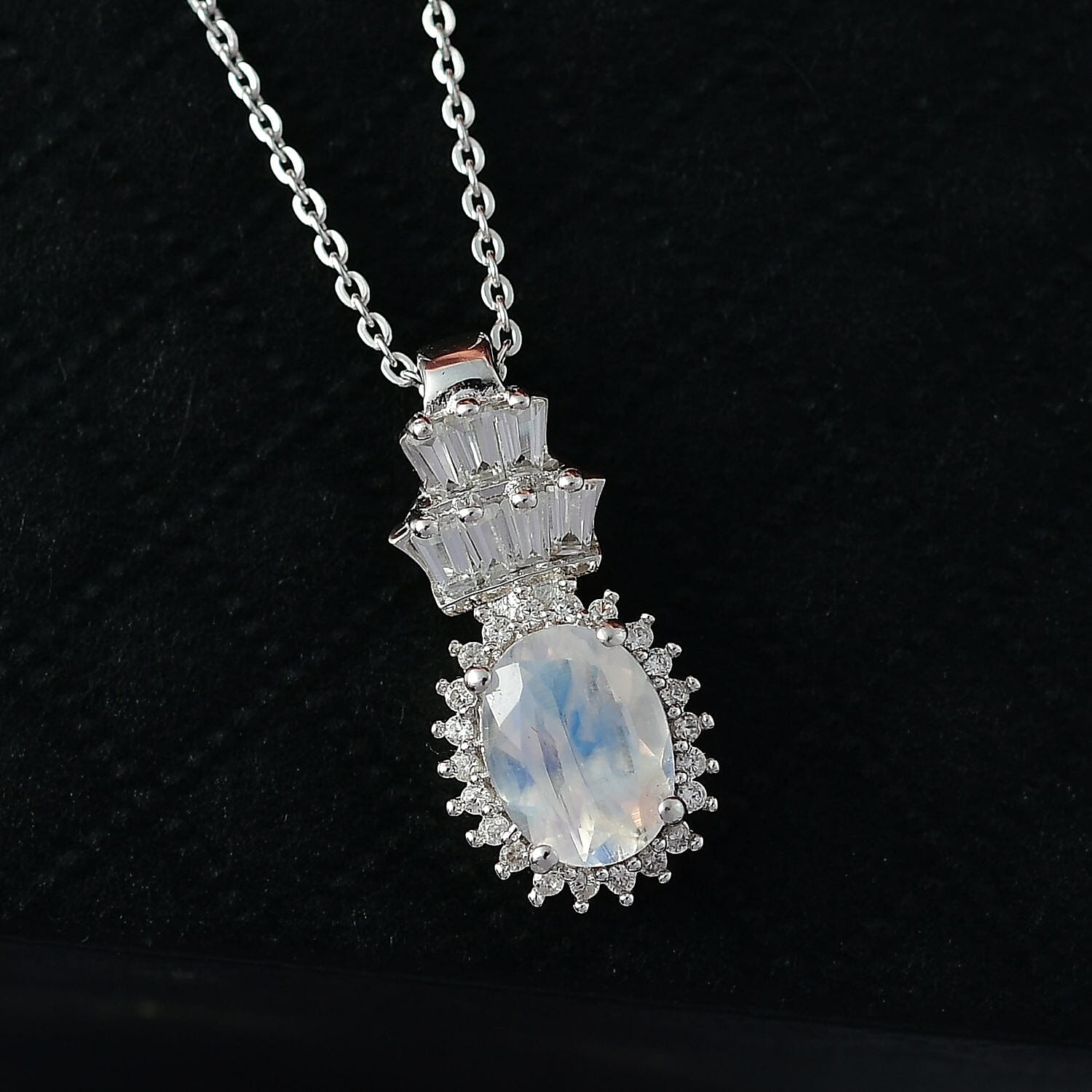 Rainbow Moonstone &amp; White Zircon Pendant with Chain (Size 20) in Rhodium Overlay Sterling Silver 1.75 Ct. 4396929 3