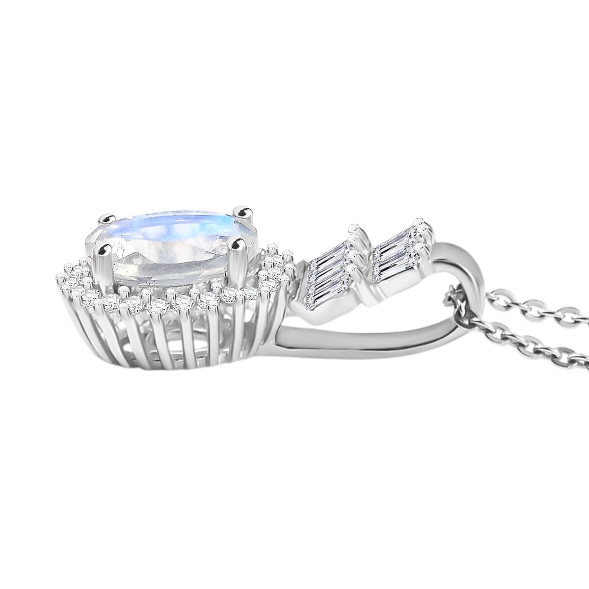 Rainbow Moonstone &amp; White Zircon Pendant with Chain (Size 20) in Rhodium Overlay Sterling Silver 1.75 Ct. 4396929 4