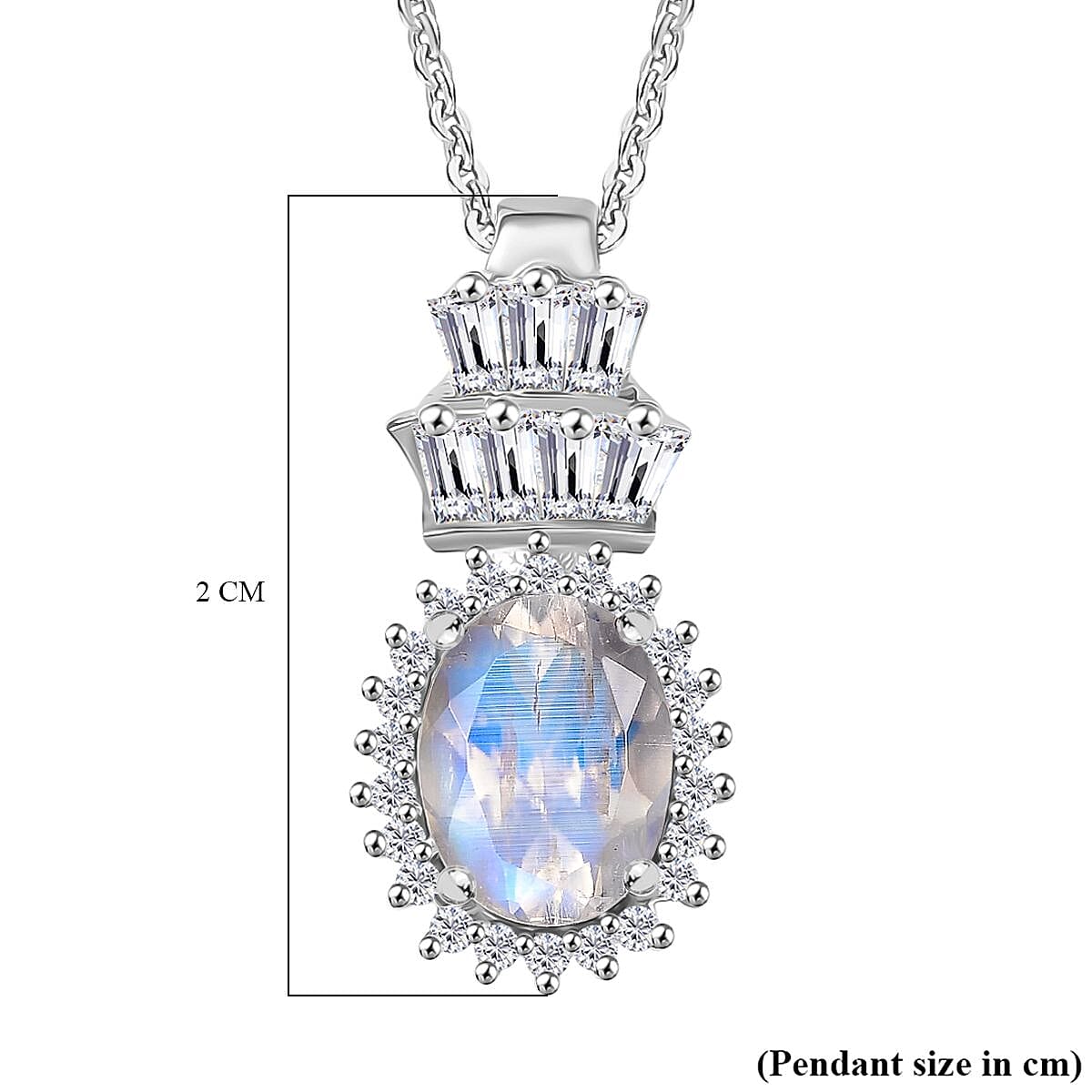 Rainbow Moonstone &amp; White Zircon Pendant with Chain (Size 20) in Rhodium Overlay Sterling Silver 1.75 Ct. 4396929 7