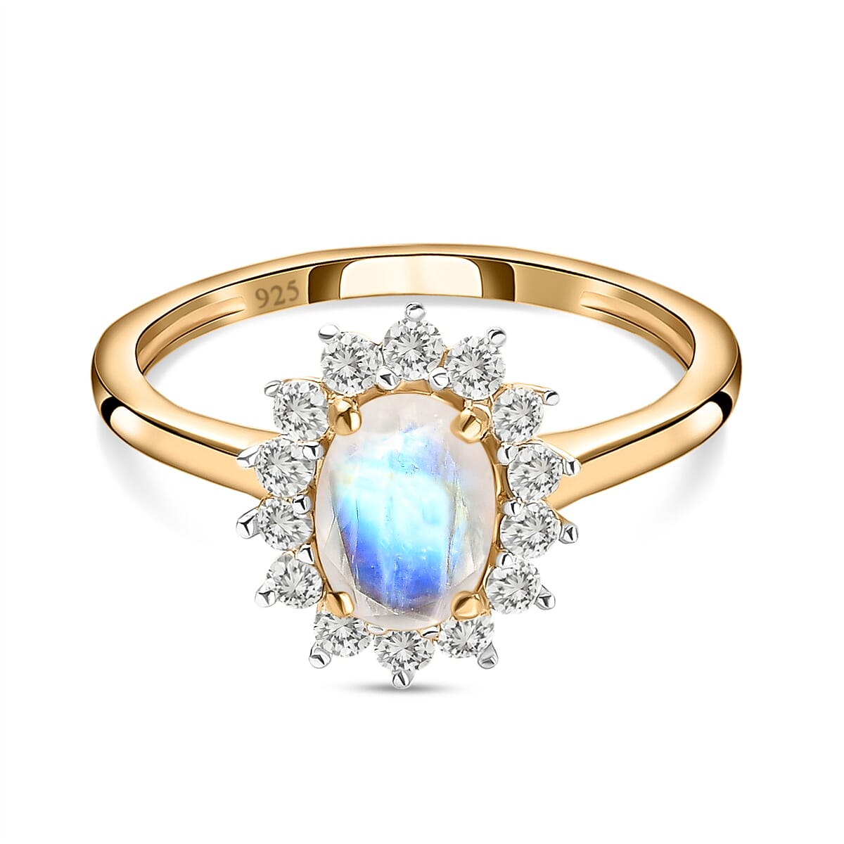 Rainbow Moonstone and Natural Cambodian Zircon Princess Diana Inspired Halo Ring in 14K Gold Plated Sterling Silver 1.18 Ct. 7442200 0