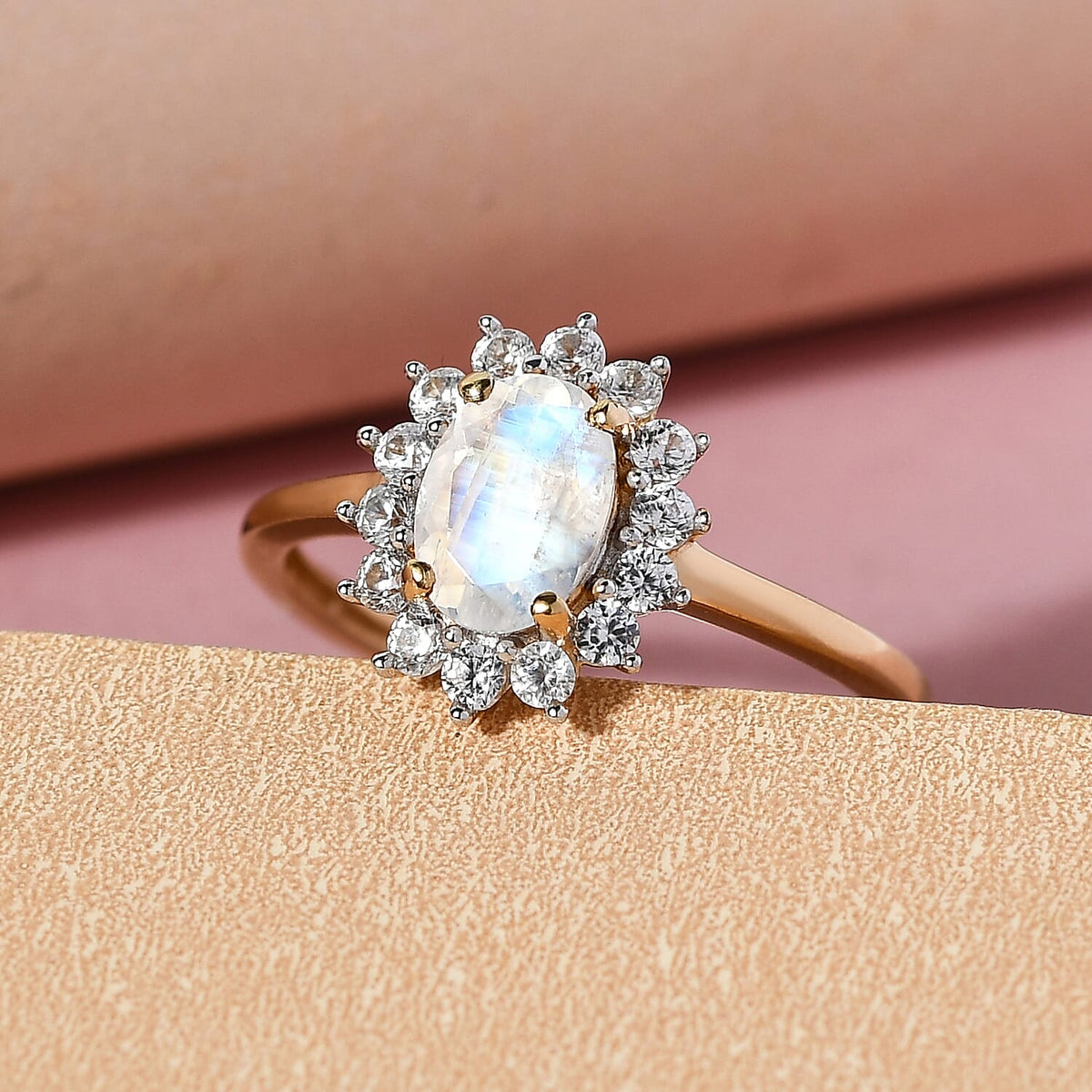 Rainbow Moonstone and Natural Cambodian Zircon Princess Diana Inspired Halo Ring in 14K Gold Plated Sterling Silver 1.18 Ct. 7442200 2