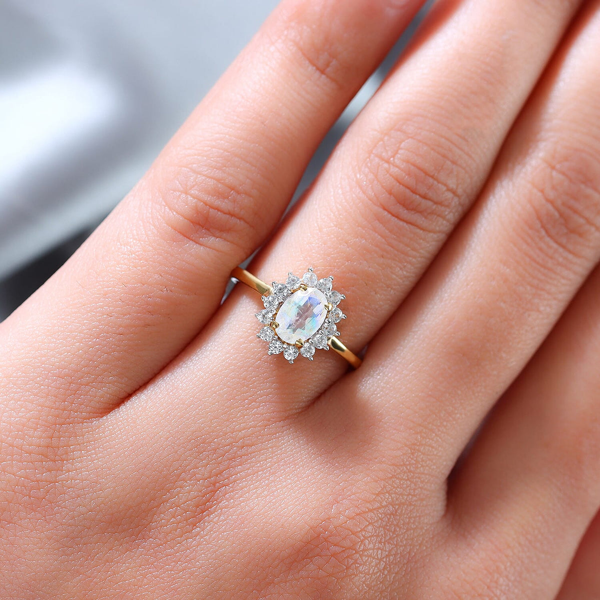 Rainbow Moonstone and Natural Cambodian Zircon Princess Diana Inspired Halo Ring in 14K Gold Plated Sterling Silver 1.18 Ct. 7442200 3