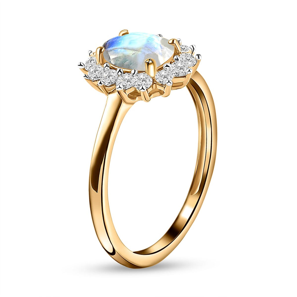 Rainbow Moonstone and Natural Cambodian Zircon Ring in 14K Gold Overlay Sterling Silver 1.18 Ct.