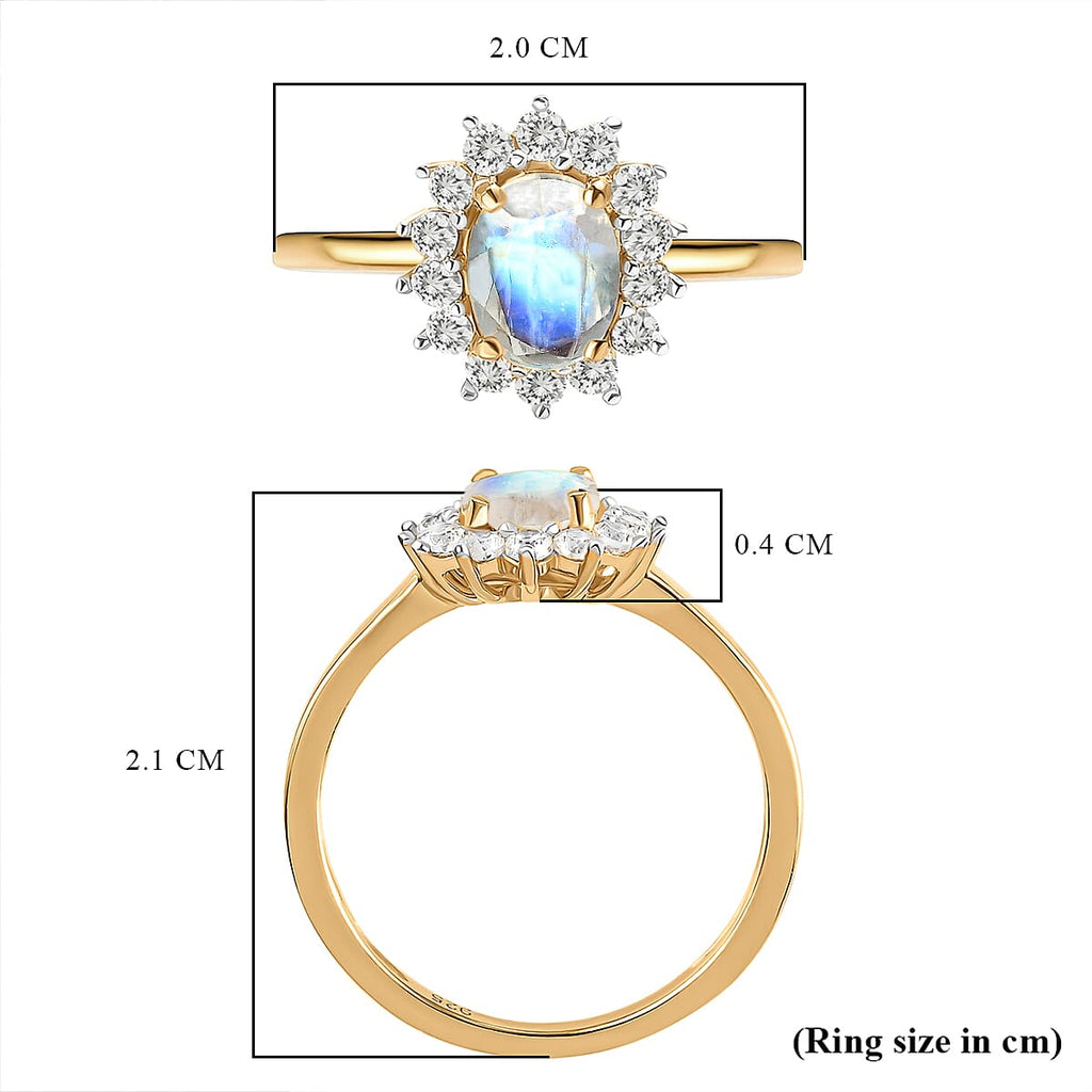 Rainbow Moonstone and Natural Cambodian Zircon Ring in 14K Gold Overlay Sterling Silver 1.18 Ct.