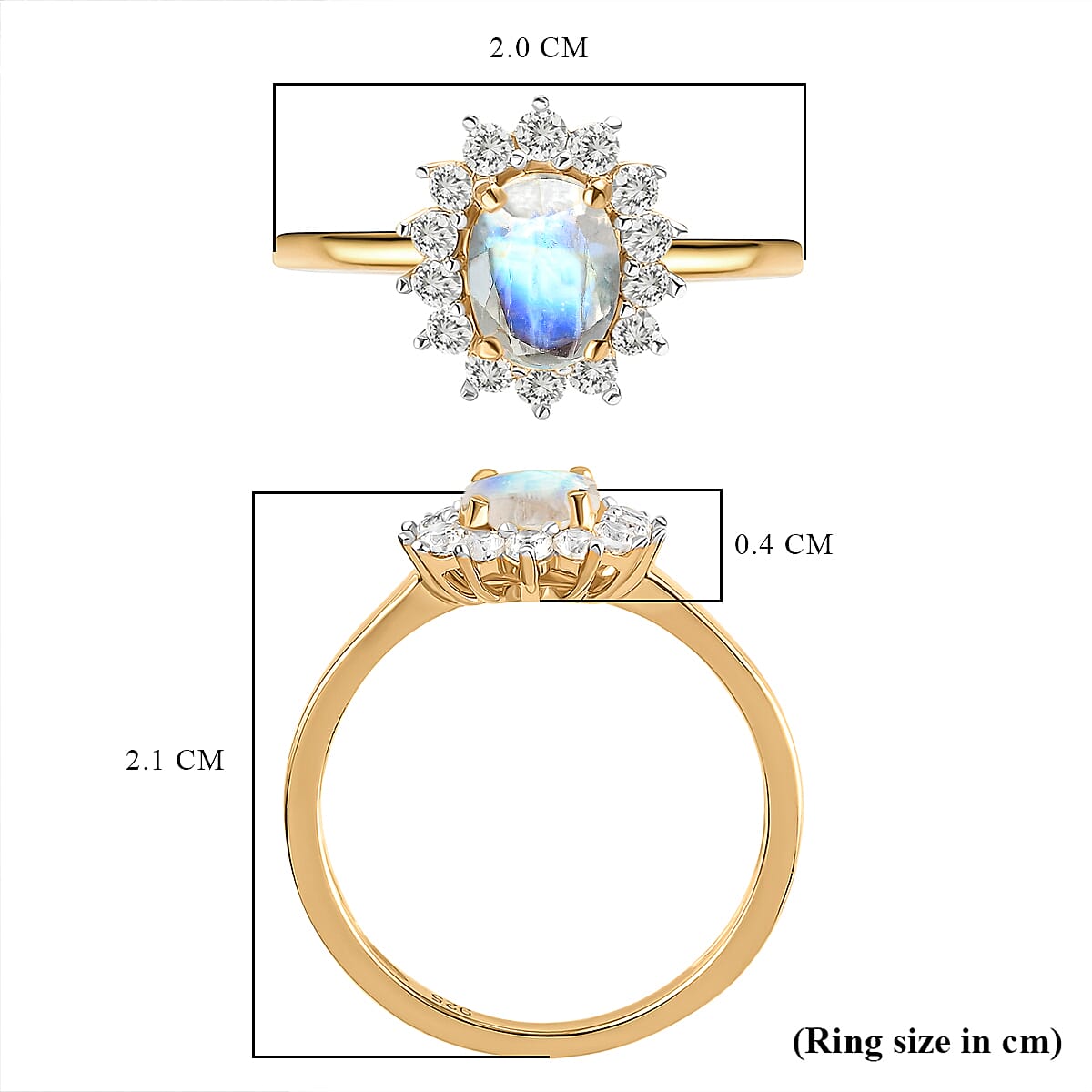 Rainbow Moonstone and Natural Cambodian Zircon Princess Diana Inspired Halo Ring in 14K Gold Plated Sterling Silver 1.18 Ct. 7442200 6