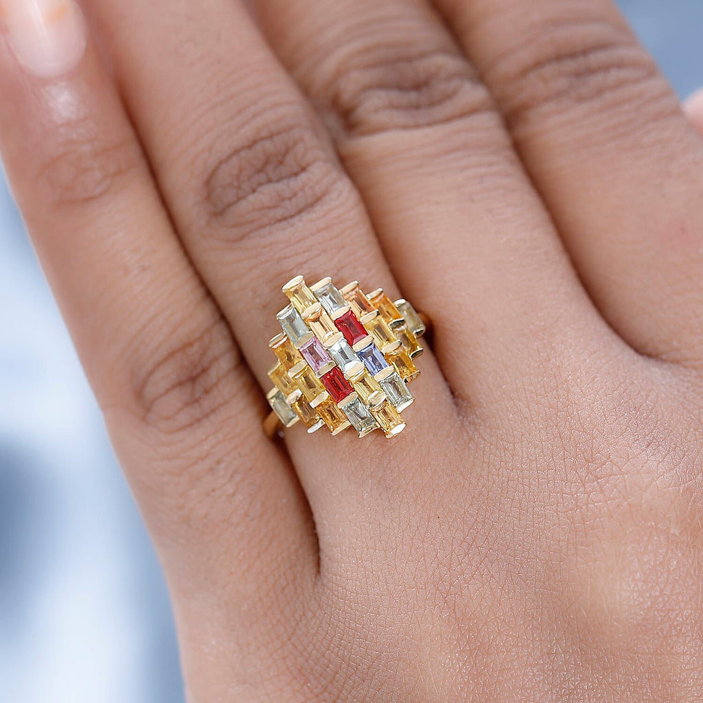 Rainbow Sapphire Cluster Ring in 18K Vermeil Yellow Gold Plated Sterling Silver 2.55 Ct.