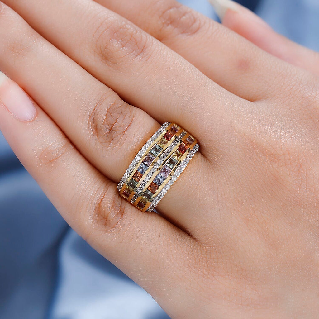 Rainbow Sapphire & Natural Zircon Ring in 18K Yellow Gold Vermeil Plated Sterling Silver 2.43 Ct.