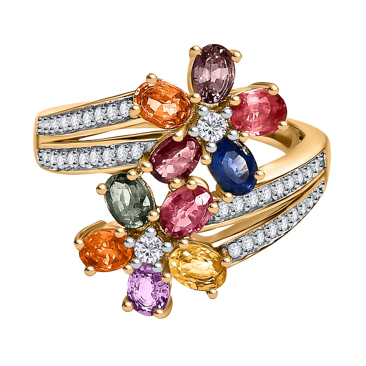 Rainbow Sapphire and Natural Zircon Cluster Bypass Ring in Vermeil Yellow Gold Plated Sterling Silver 2.62 Ct. 7551814 0