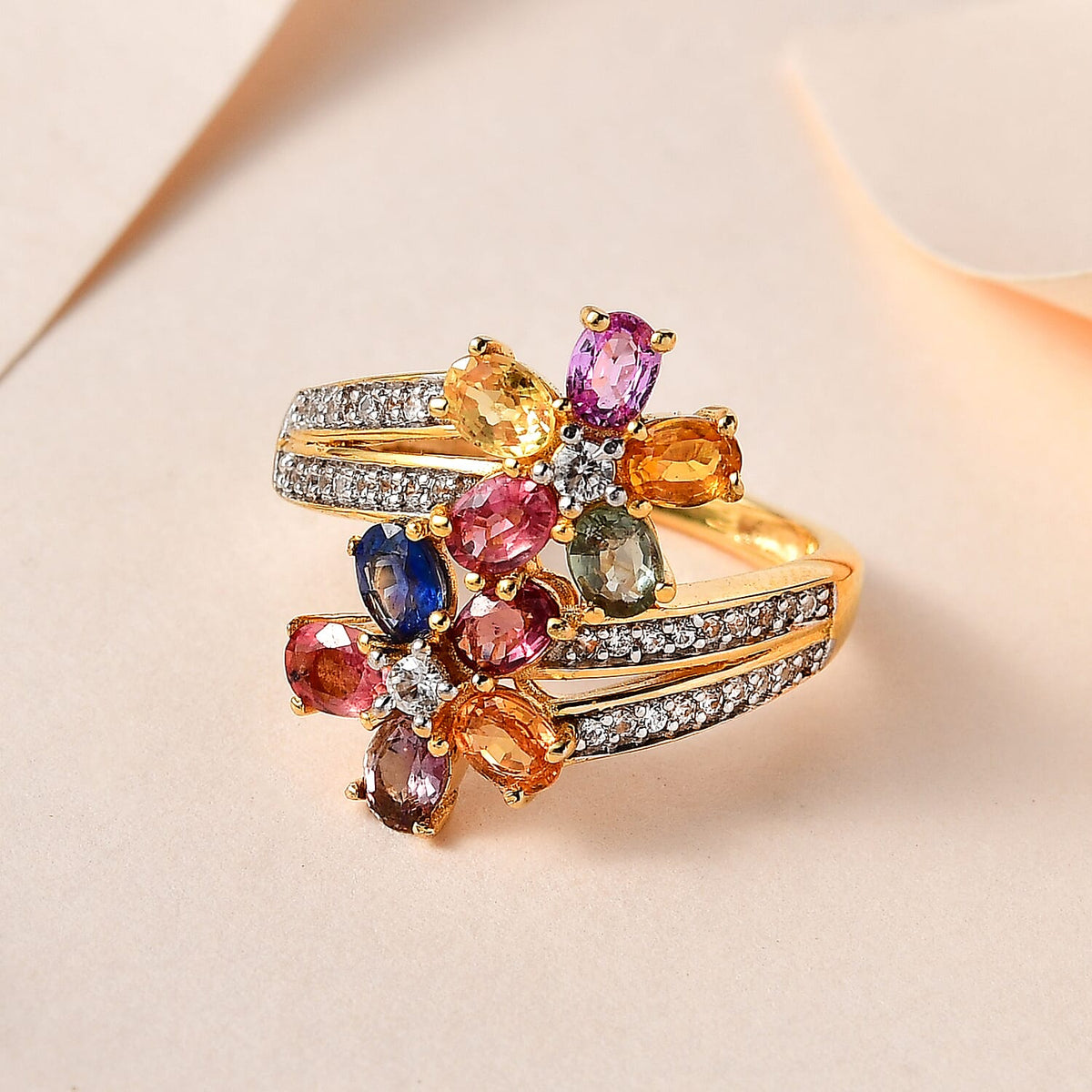 Rainbow Sapphire and Natural Zircon Cluster Bypass Ring in Vermeil Yellow Gold Plated Sterling Silver 2.62 Ct. 7551814 1