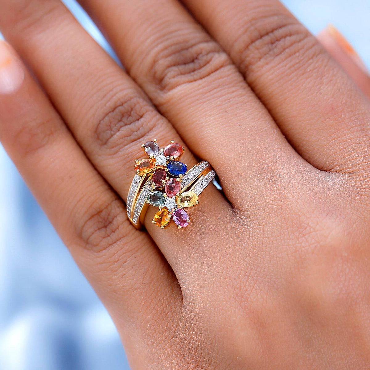Rainbow Sapphire and Natural Zircon Cluster Bypass Ring in Vermeil Yellow Gold Plated Sterling Silver 2.62 Ct. 7551814 2