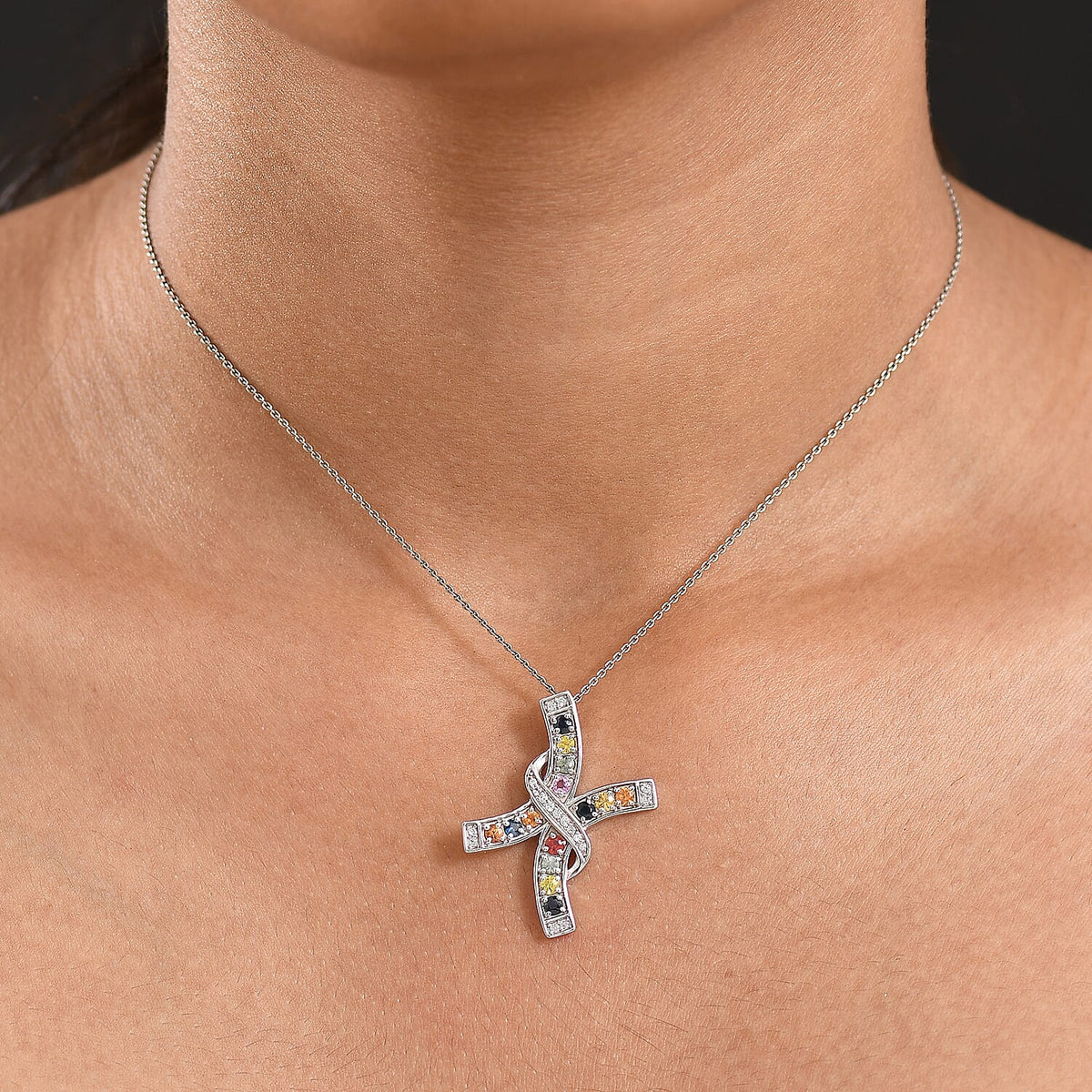 Rainbow Sapphire &amp; White Zircon Pendant in Rhodium Overlay Sterling Silver 1.27 Ct. 8251945 2