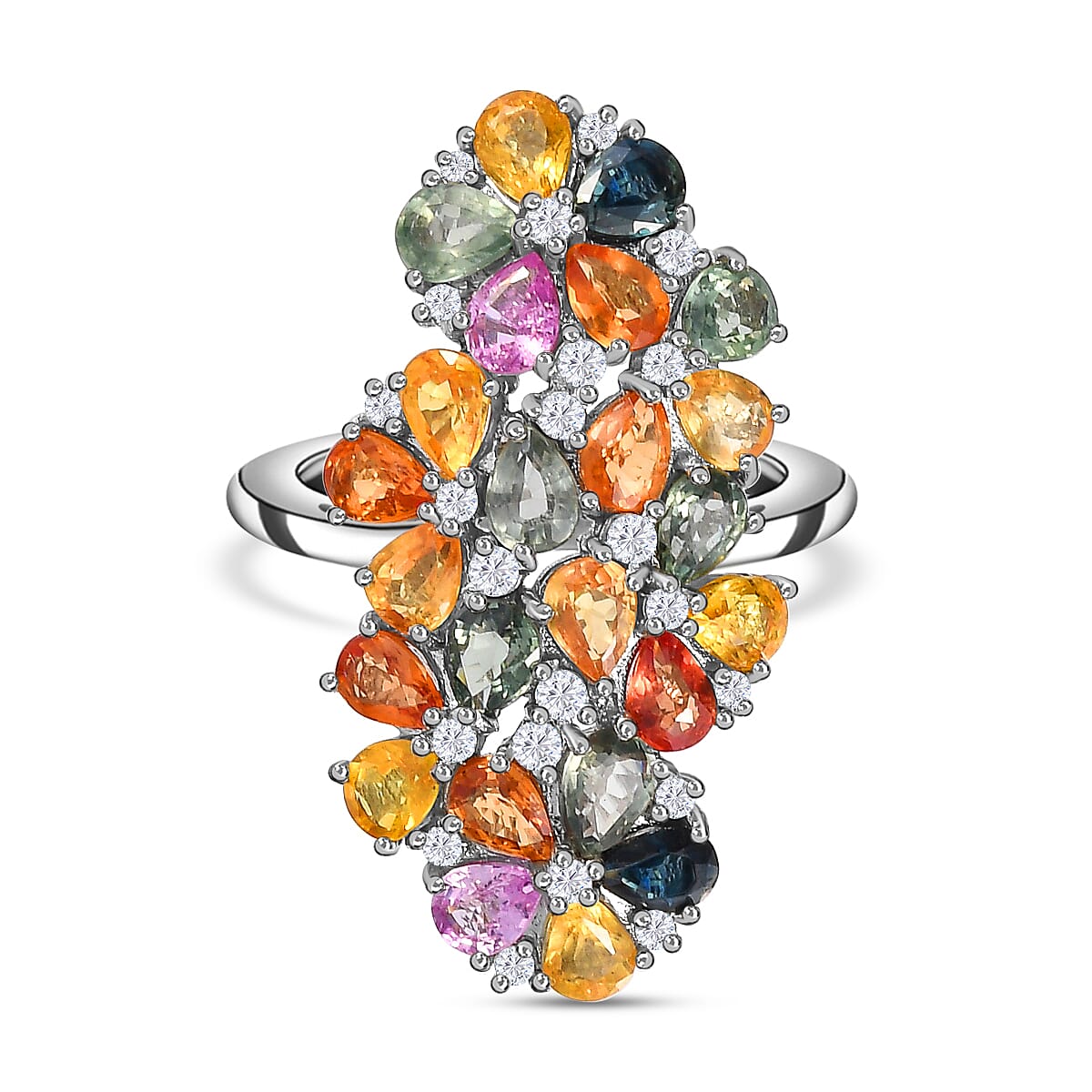 Rainbow Sapphire and Natural Zircon Cluster Ring in Platinum Overlay Sterling Silver 5.16 Ct. 7187860 0