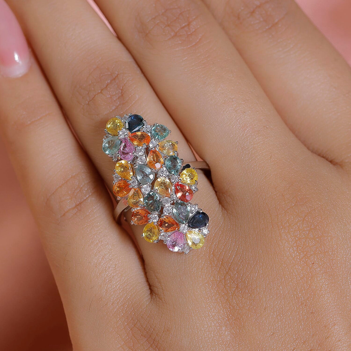Rainbow Sapphire and Natural Zircon Cluster Ring in Platinum Overlay Sterling Silver 5.16 Ct. 7187860 3