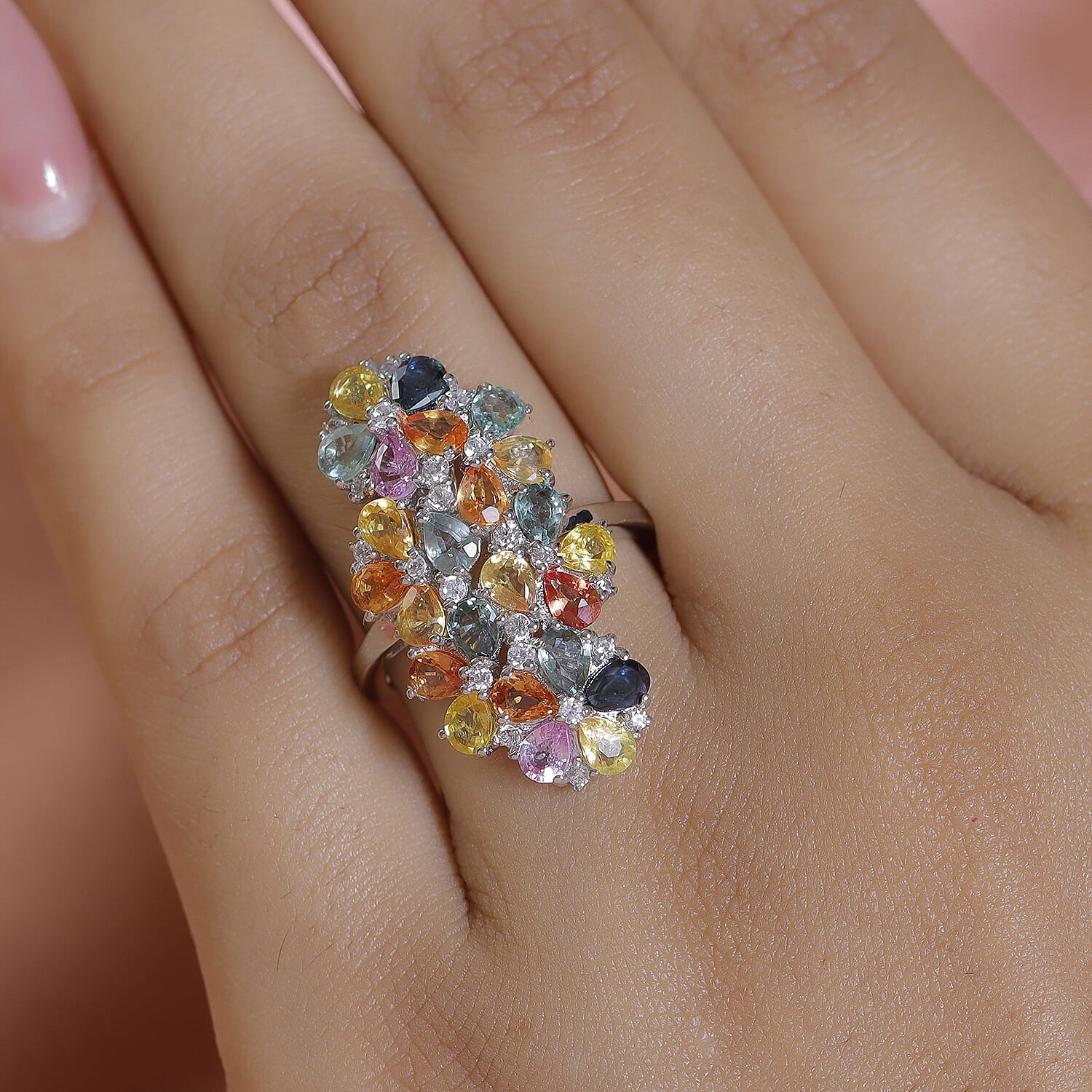 Rainbow Sapphire and Natural Zircon Cluster Ring in Platinum Overlay Sterling Silver 5.16 Ct. 7187860 3