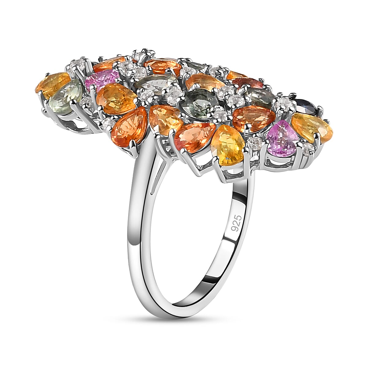 Rainbow Sapphire and Natural Zircon Cluster Ring in Platinum Overlay Sterling Silver 5.16 Ct. 7187860 4