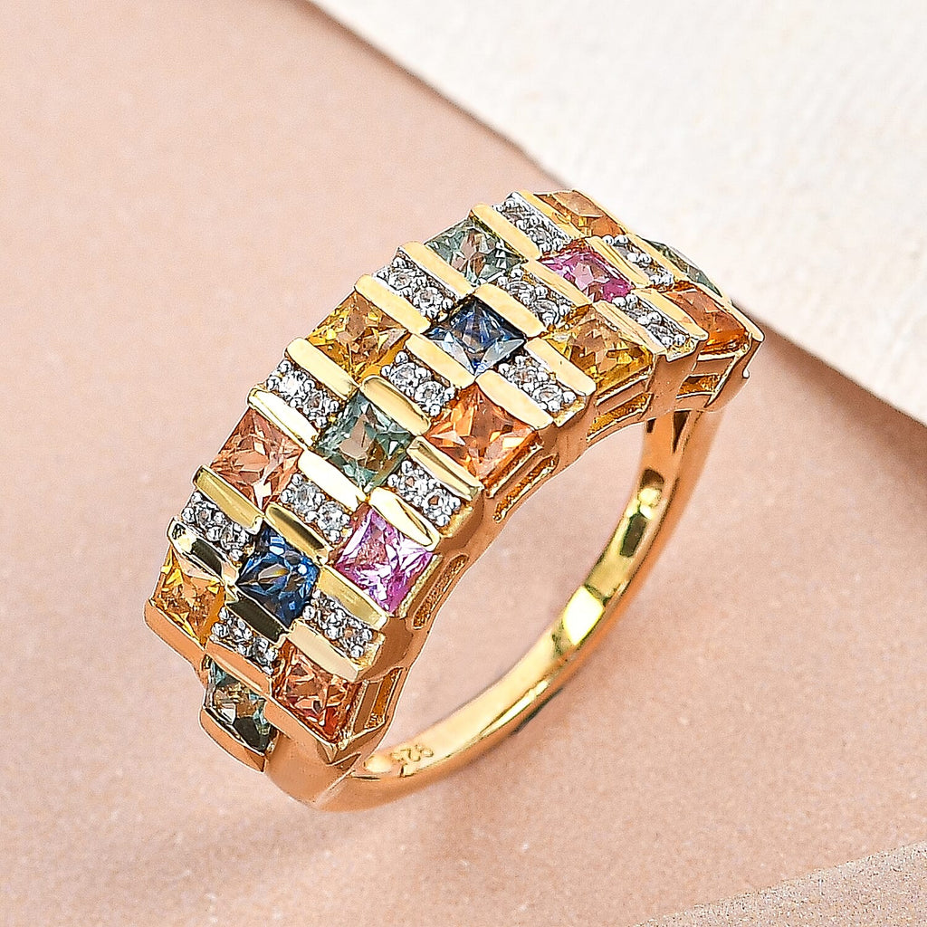 Rainbow Sapphire and Natural Zircon Half Eternity Ring in Yellow Gold Vermeil Plated Sterling Silver 2.33 Ct.