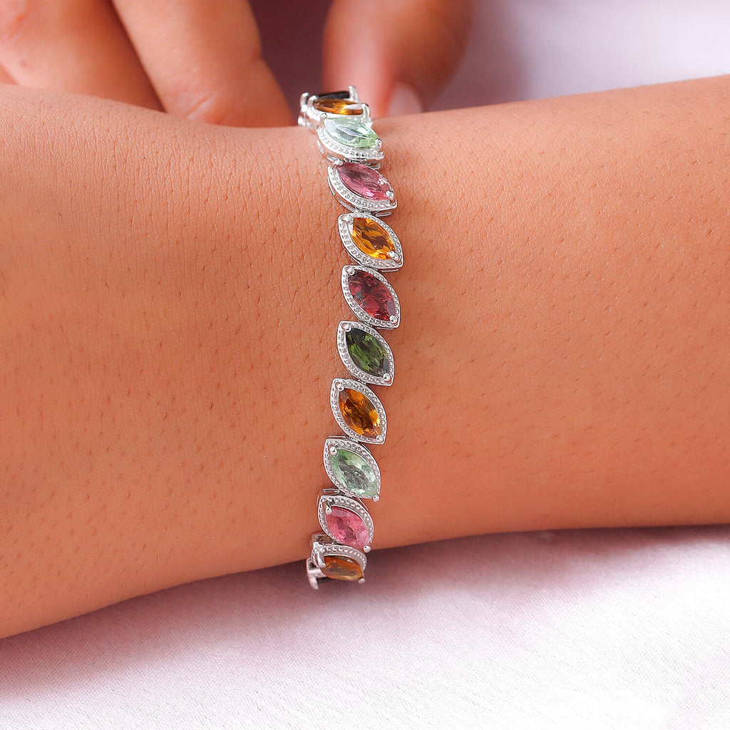 Multi Tourmaline Bracelet (Size - 7) in Platinum Overlay Sterling Silver 11.35 Ct, Silver Wt. 15.87 Gms.