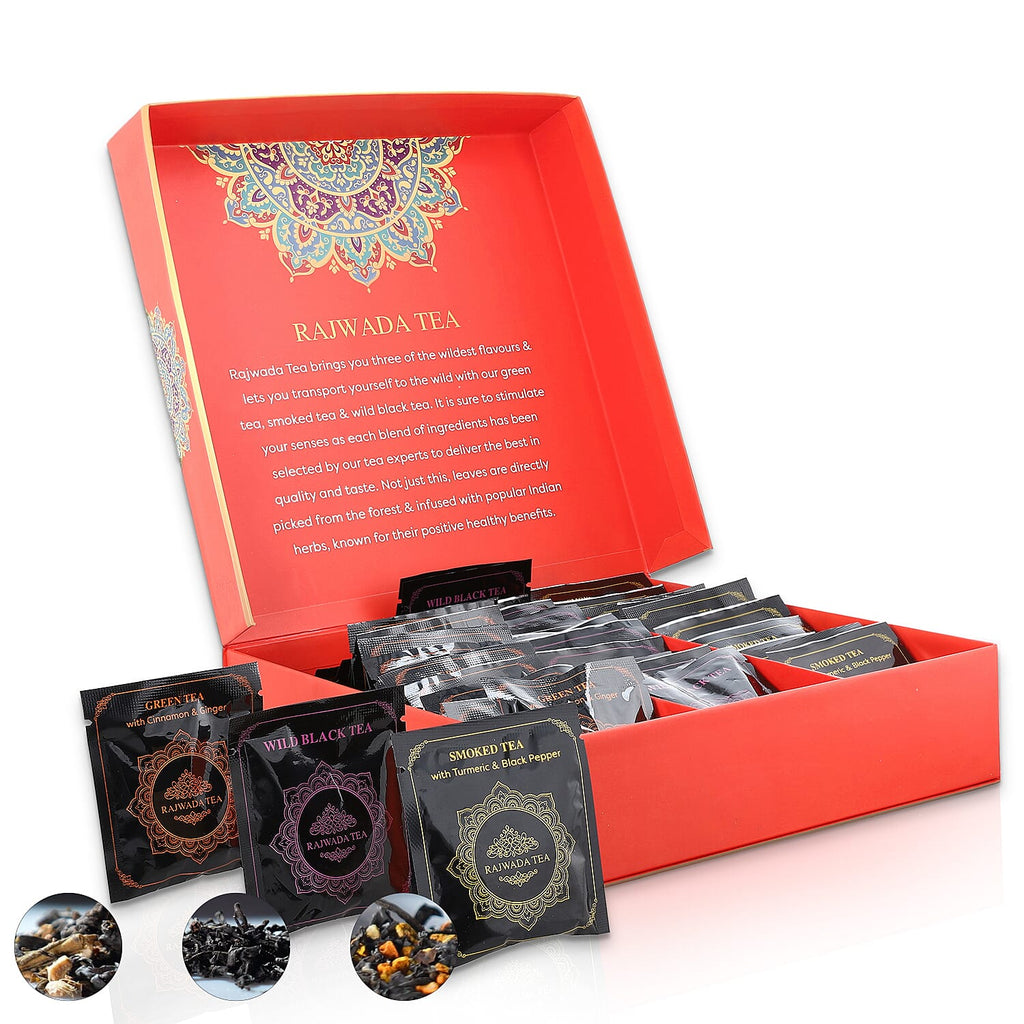 Hand Crafted Rajwada Tea Gift Box - 3 x 15 (2g- Tea Bag) - 45 Tea Bags 1) Wild Smoked Tea with Turmeric & Black Pepper 2) Wild Green Tea with Cinnamon & Ginger 3) Wild Black Tea