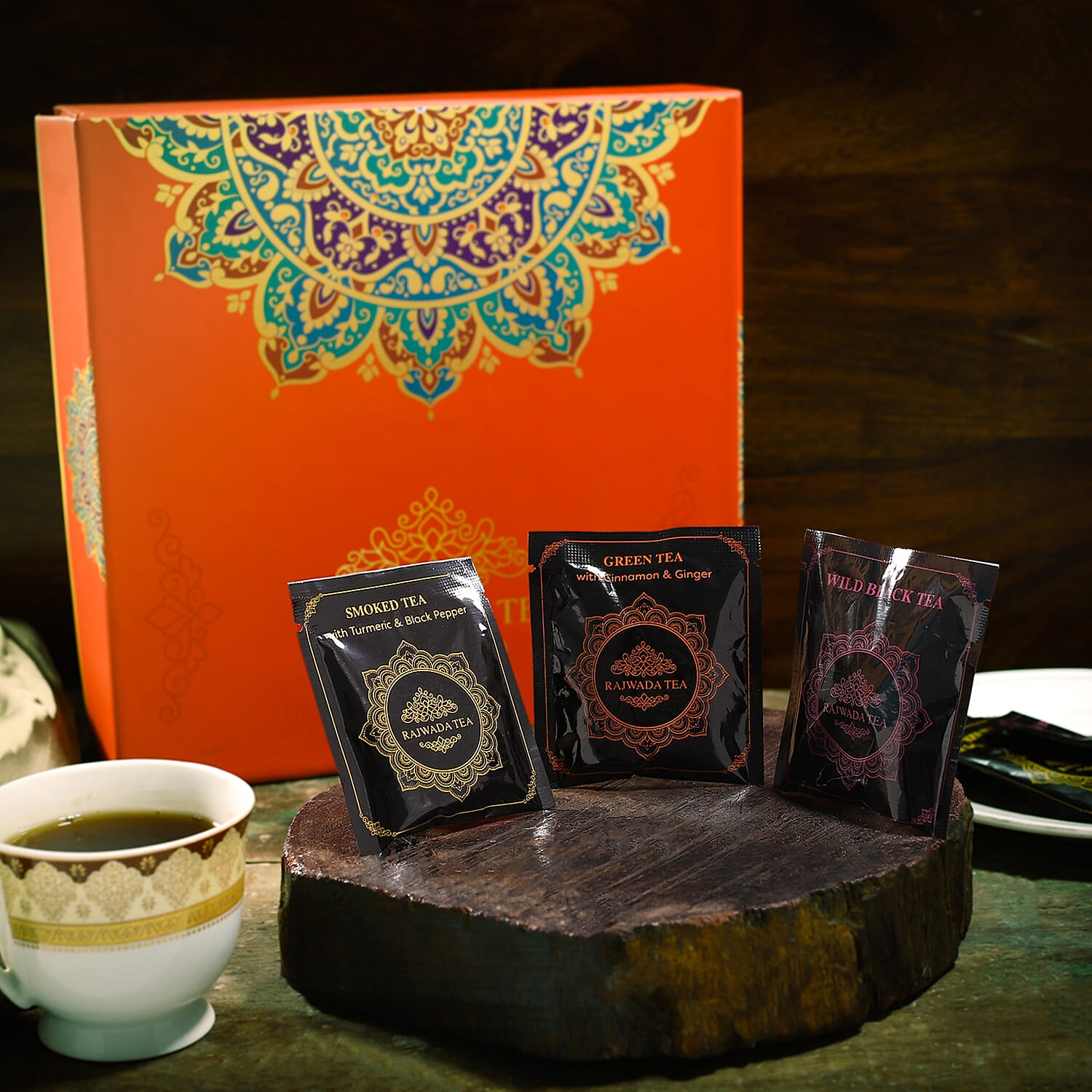 Hand Crafted Rajwada Tea Gift Box - 3 x 15 (2g- Tea Bag) - 45 Tea Bags 1) Wild Smoked Tea with Turmeric &amp; Black Pepper 2) Wild Green Tea with Cinnamon &amp; Ginger 3) Wild Black Tea 7281344 1