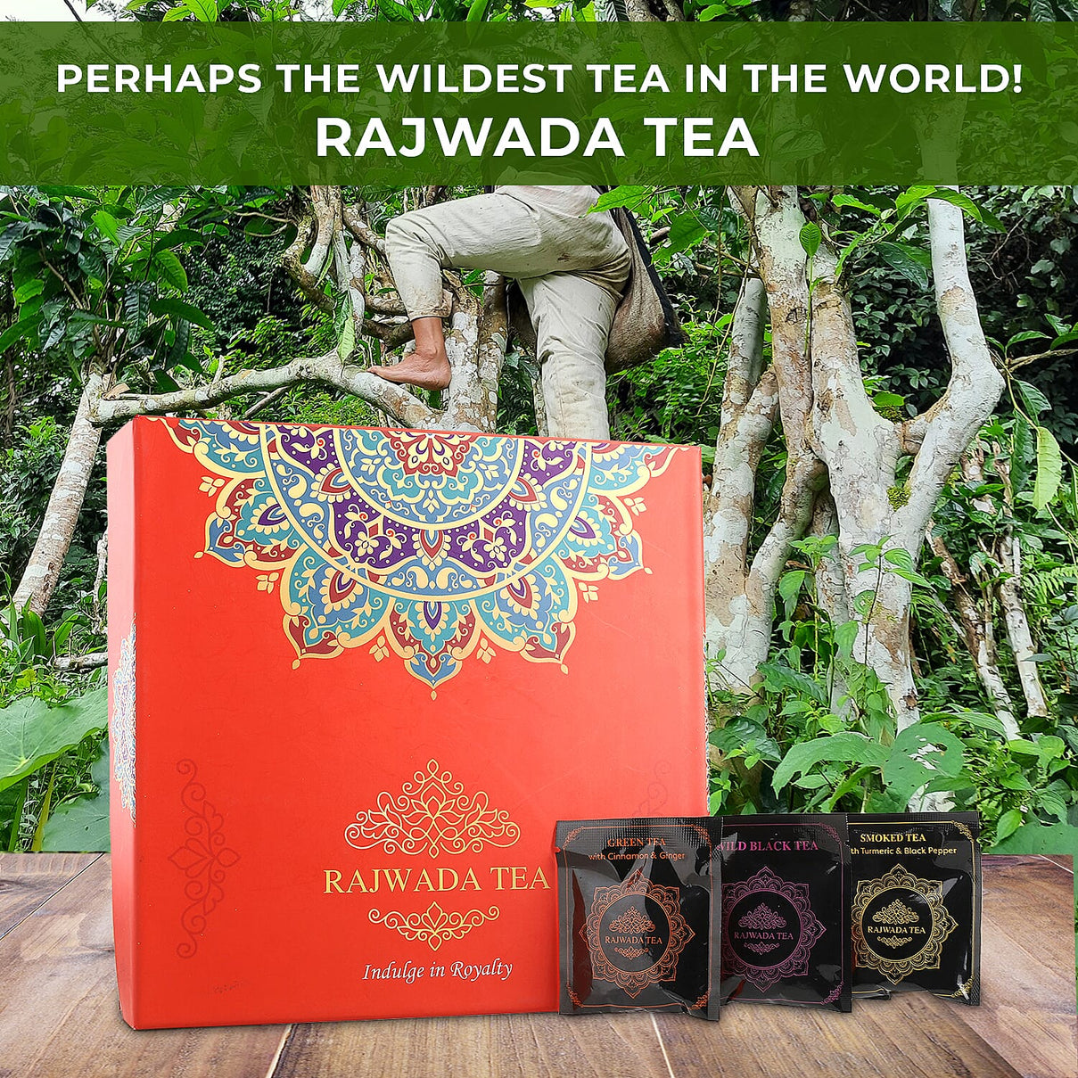 Hand Crafted Rajwada Tea Gift Box - 3 x 15 (2g- Tea Bag) - 45 Tea Bags 1) Wild Smoked Tea with Turmeric &amp; Black Pepper 2) Wild Green Tea with Cinnamon &amp; Ginger 3) Wild Black Tea 7281344 2