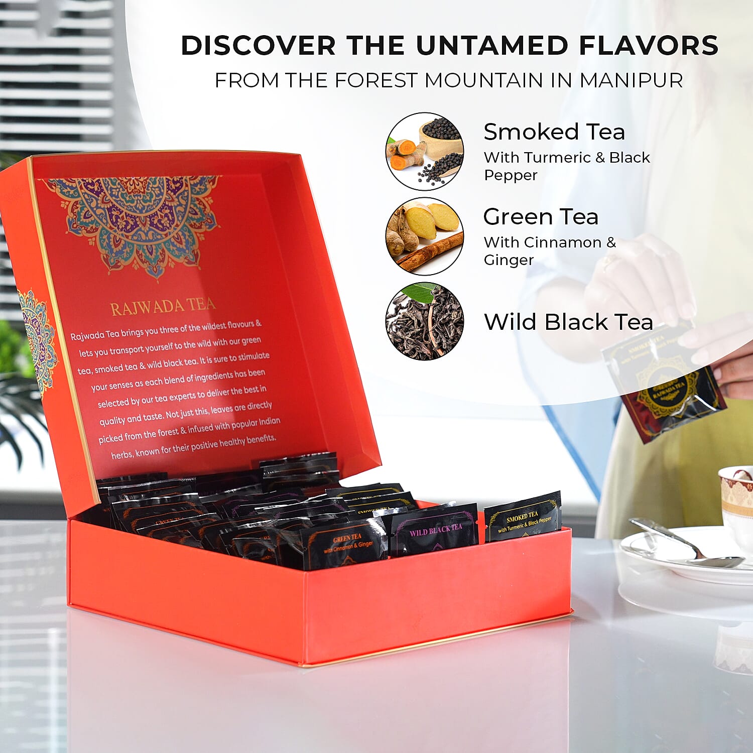 Hand Crafted Rajwada Tea Gift Box - 3 x 15 (2g- Tea Bag) - 45 Tea Bags 1) Wild Smoked Tea with Turmeric &amp; Black Pepper 2) Wild Green Tea with Cinnamon &amp; Ginger 3) Wild Black Tea 7281344 3