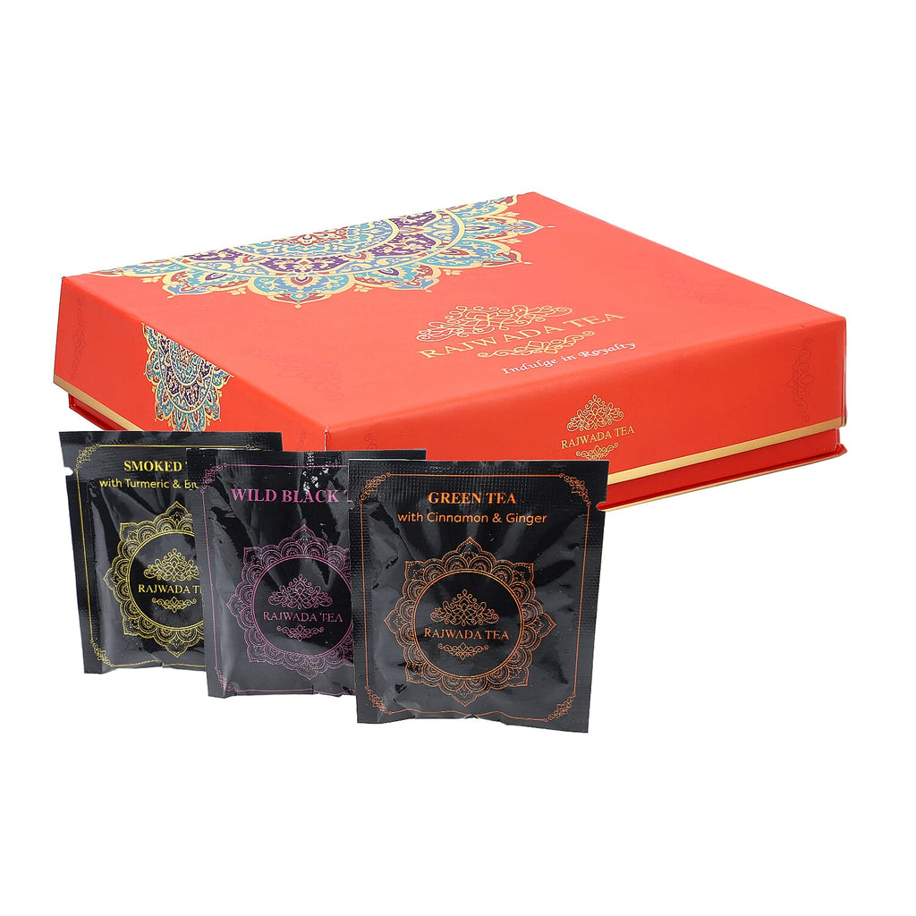 Hand Crafted Rajwada Tea Gift Box - 3 x 15 (2g- Tea Bag) - 45 Tea Bags 1) Wild Smoked Tea with Turmeric & Black Pepper 2) Wild Green Tea with Cinnamon & Ginger 3) Wild Black Tea