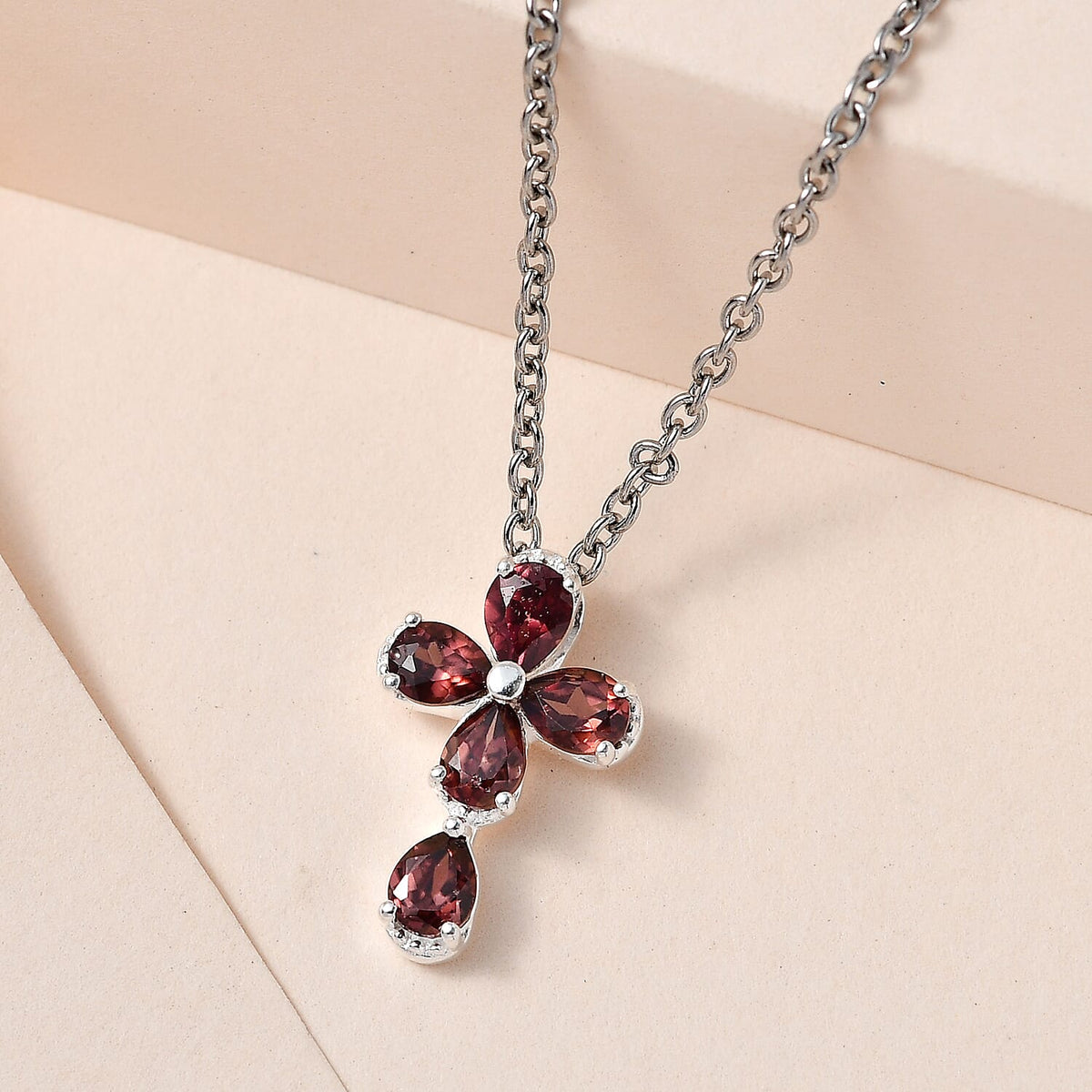 Raspberry Zircon Sterling Silver Cross Pendant with Stainless Steel Chain (Size 20) 1.30 Ct 4169691 2