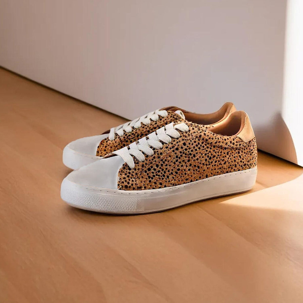 Ravel Leopard Print Lace Up Trainer in White and Brown 6505841 1
